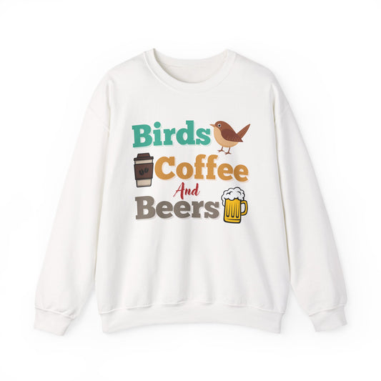 White sweatshirt with colorful "bird, coffee, beers" text and graphics on a white background