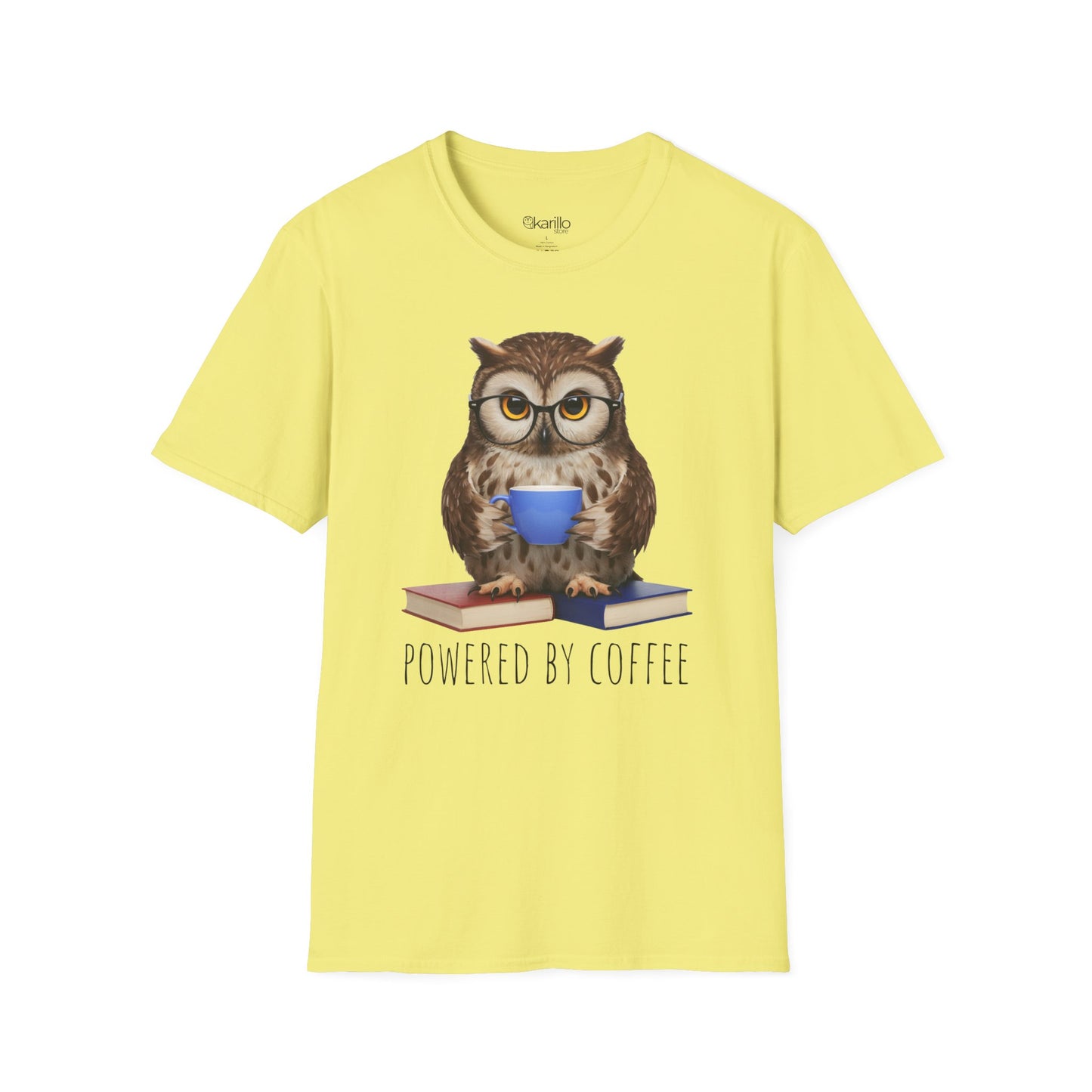 Cornsilk color t-shirt with an owl graphic and 'Powered by Coffee' text on a white background