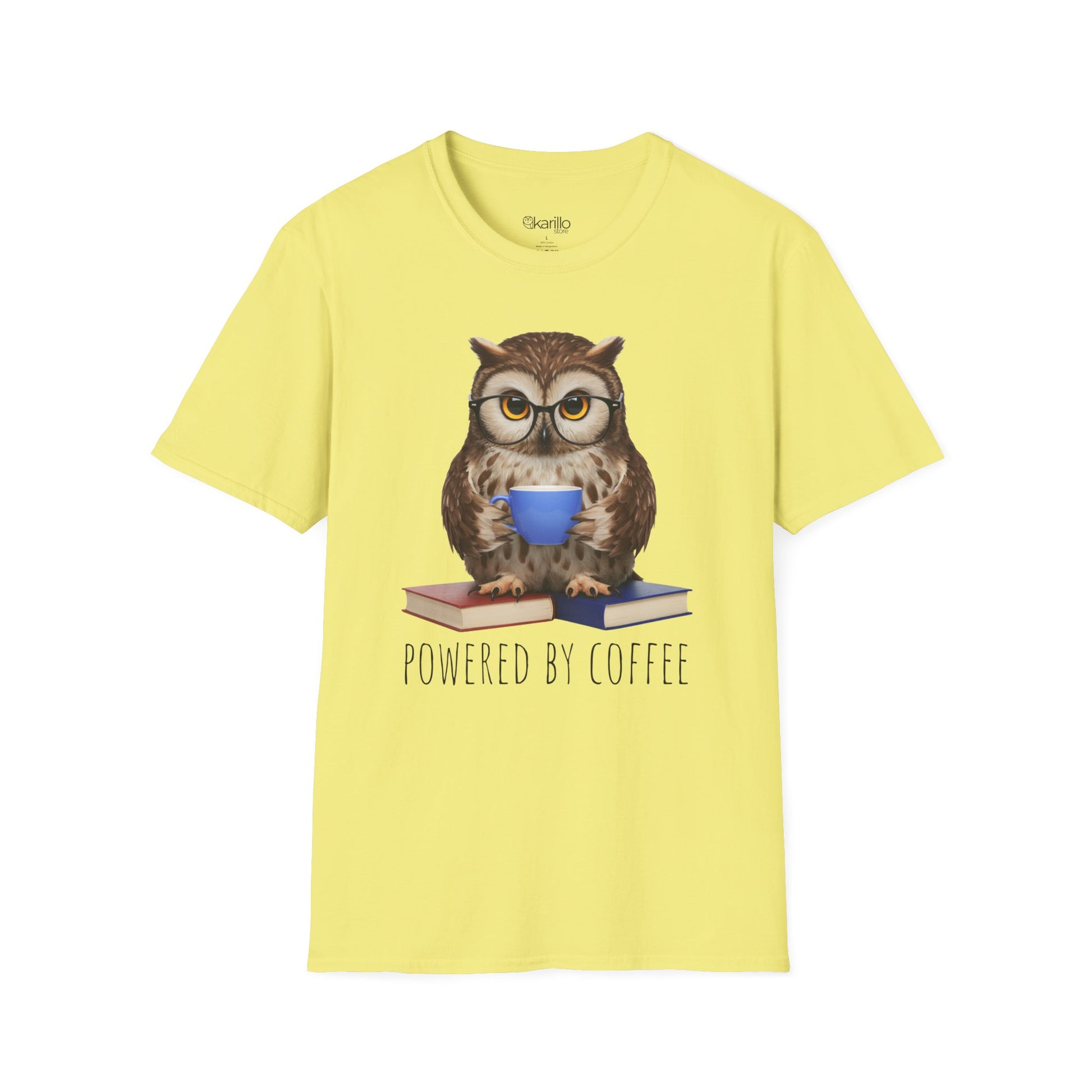 Cornsilk color t-shirt with an owl graphic and 'Powered by Coffee' text on a white background