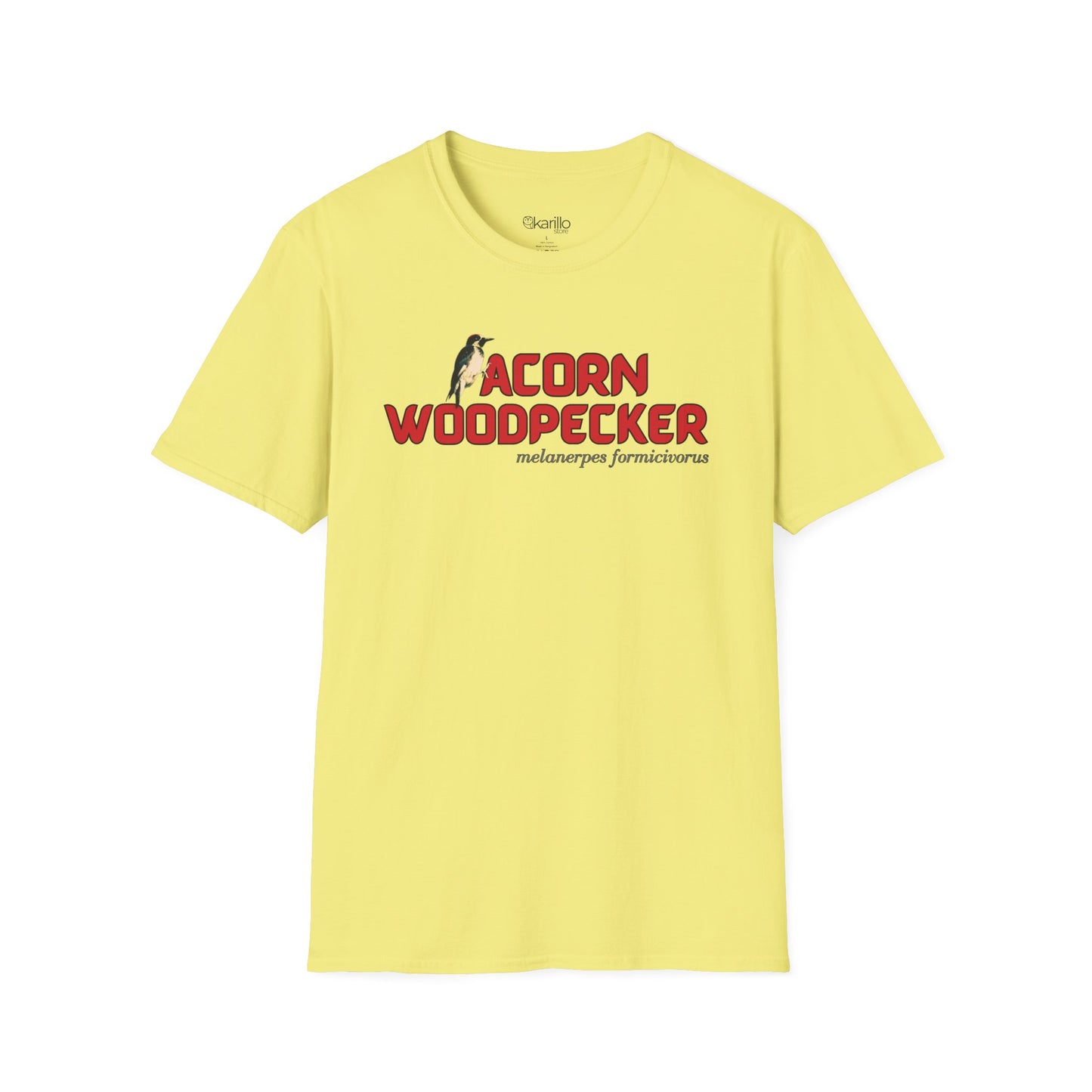Front view of cornsilk color t-shirt with 'acorn woodpecker' text on a white background