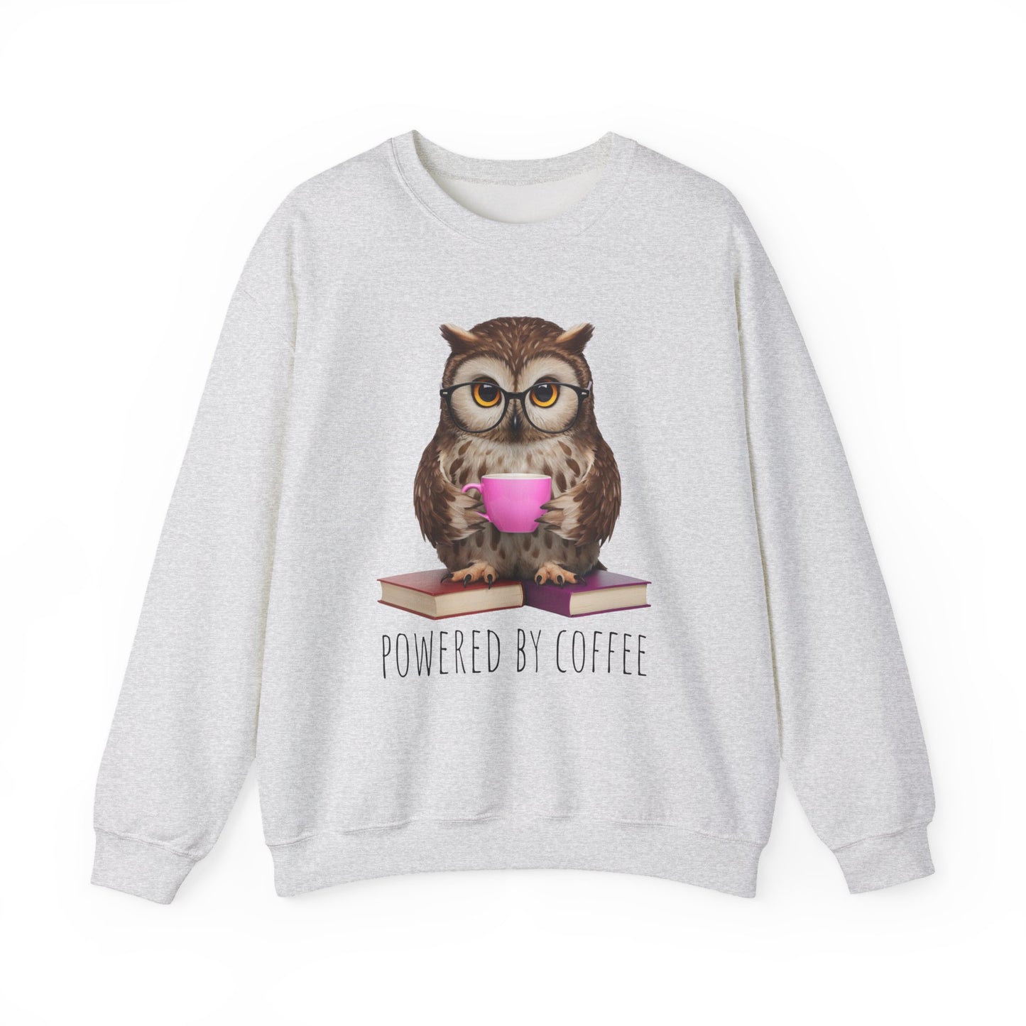 Gray sweatshirt with an owl holding a pink cup and 'Powered by Coffee' text on a white background