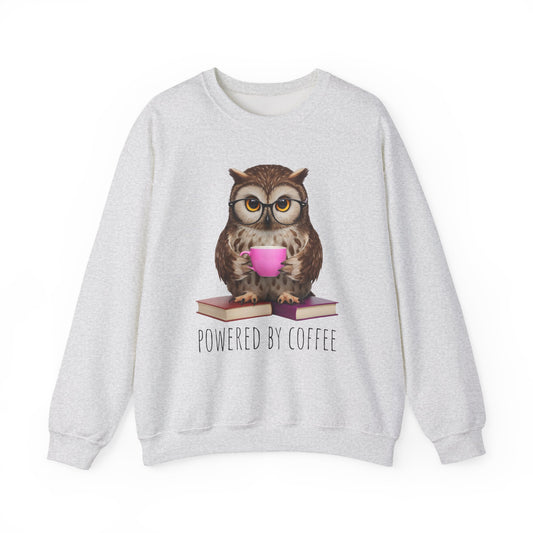 Gray sweatshirt with an owl holding a pink cup and 'Powered by Coffee' text on a white background