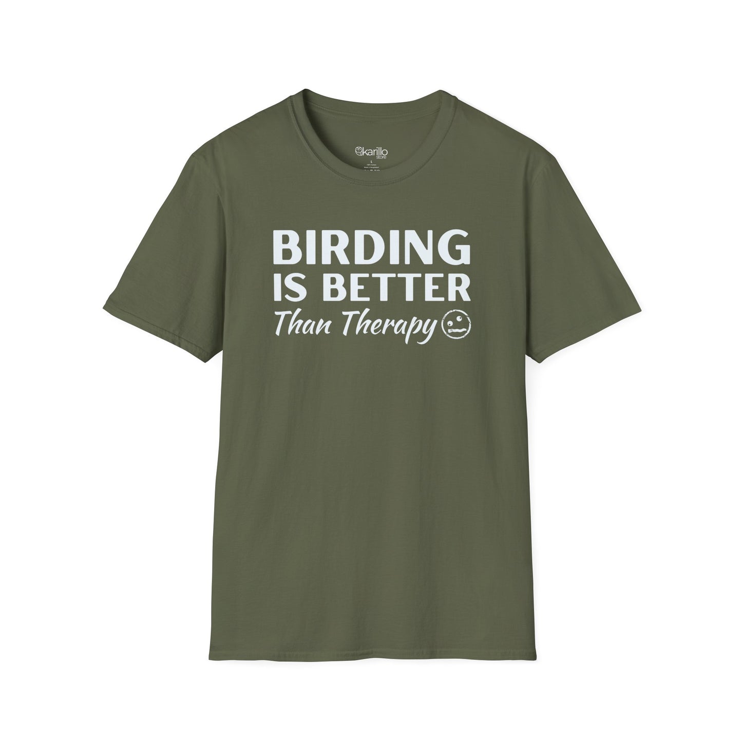 Green t-shirt with 'BIRDING IS BETTER THAN THERAPY' text on a white background