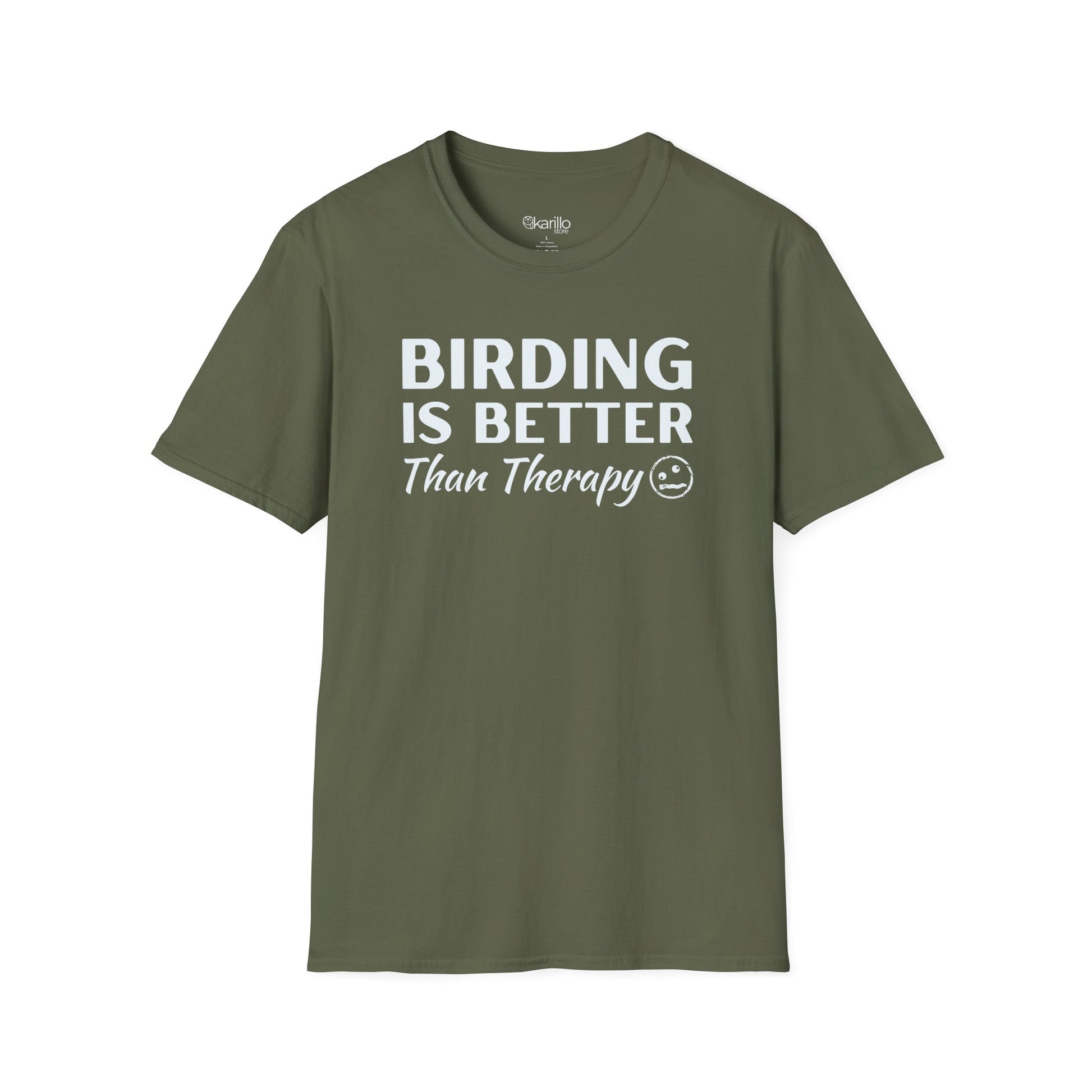 Green t-shirt with 'BIRDING IS BETTER THAN THERAPY' text on a white background