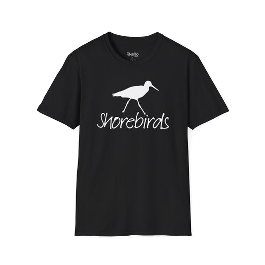 Front view of a unisex "Shorebirds" graphic black T-shirt featuring an elegant all-white shorebird illustration