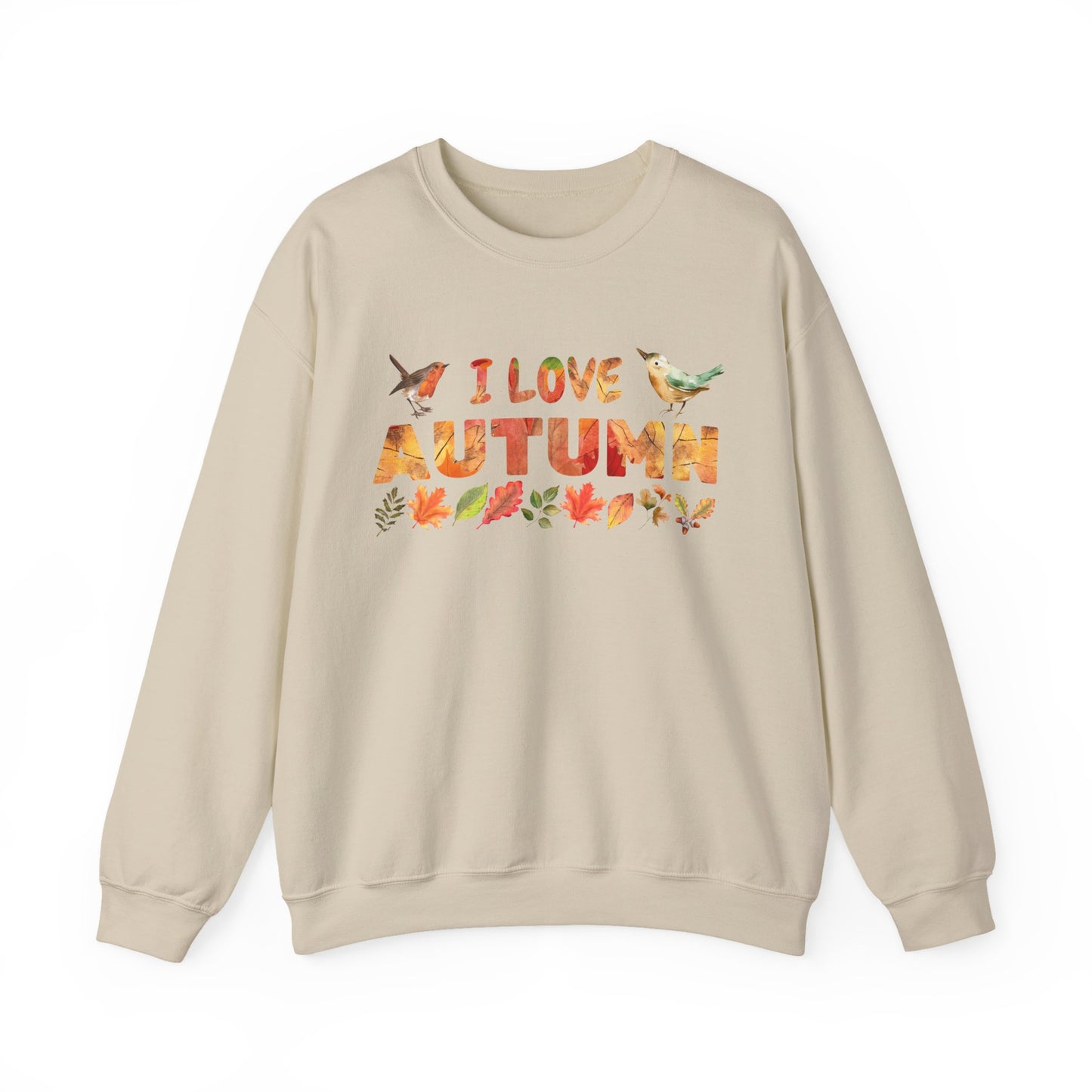 Beige sweatshirt with 'I Love Autumn' text and fall-themed graphics on a white background