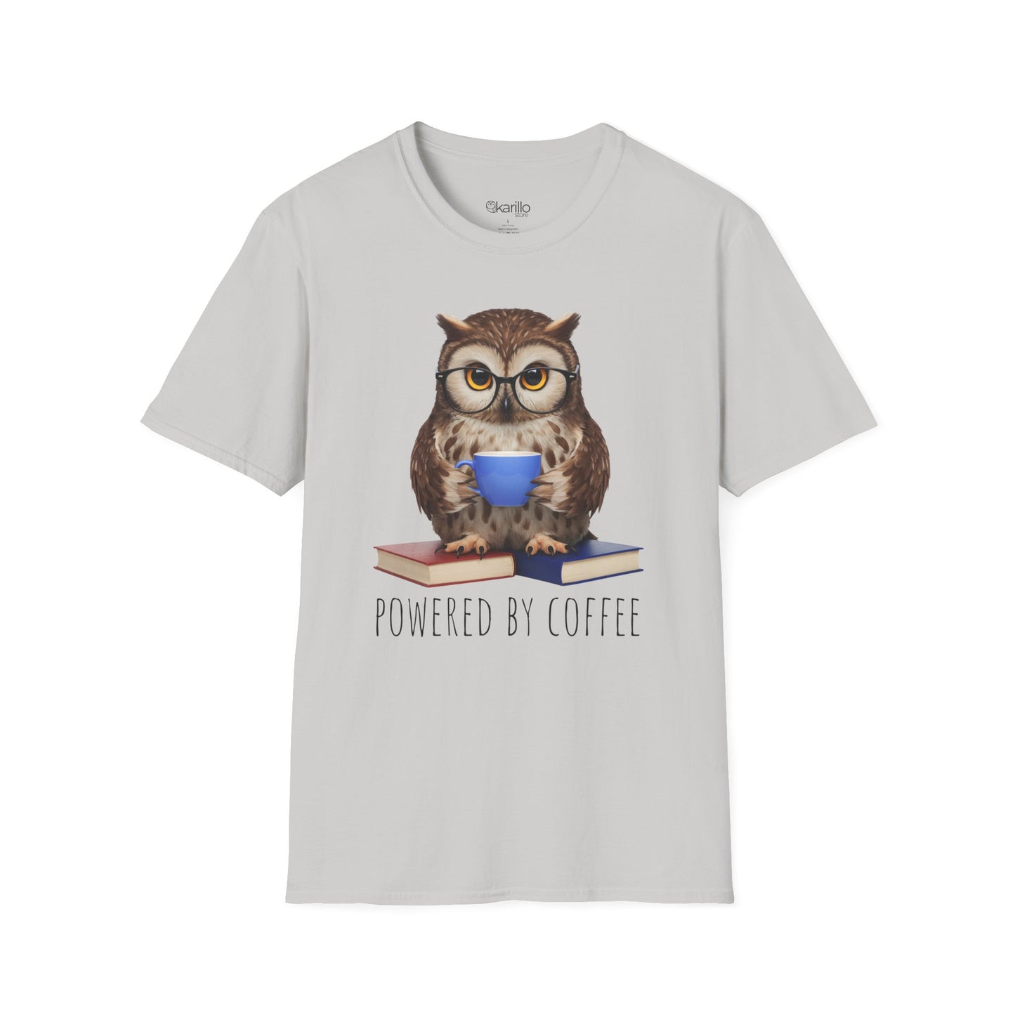Light gray t-shirt with an owl graphic and 'Powered by Coffee' text on a white background
