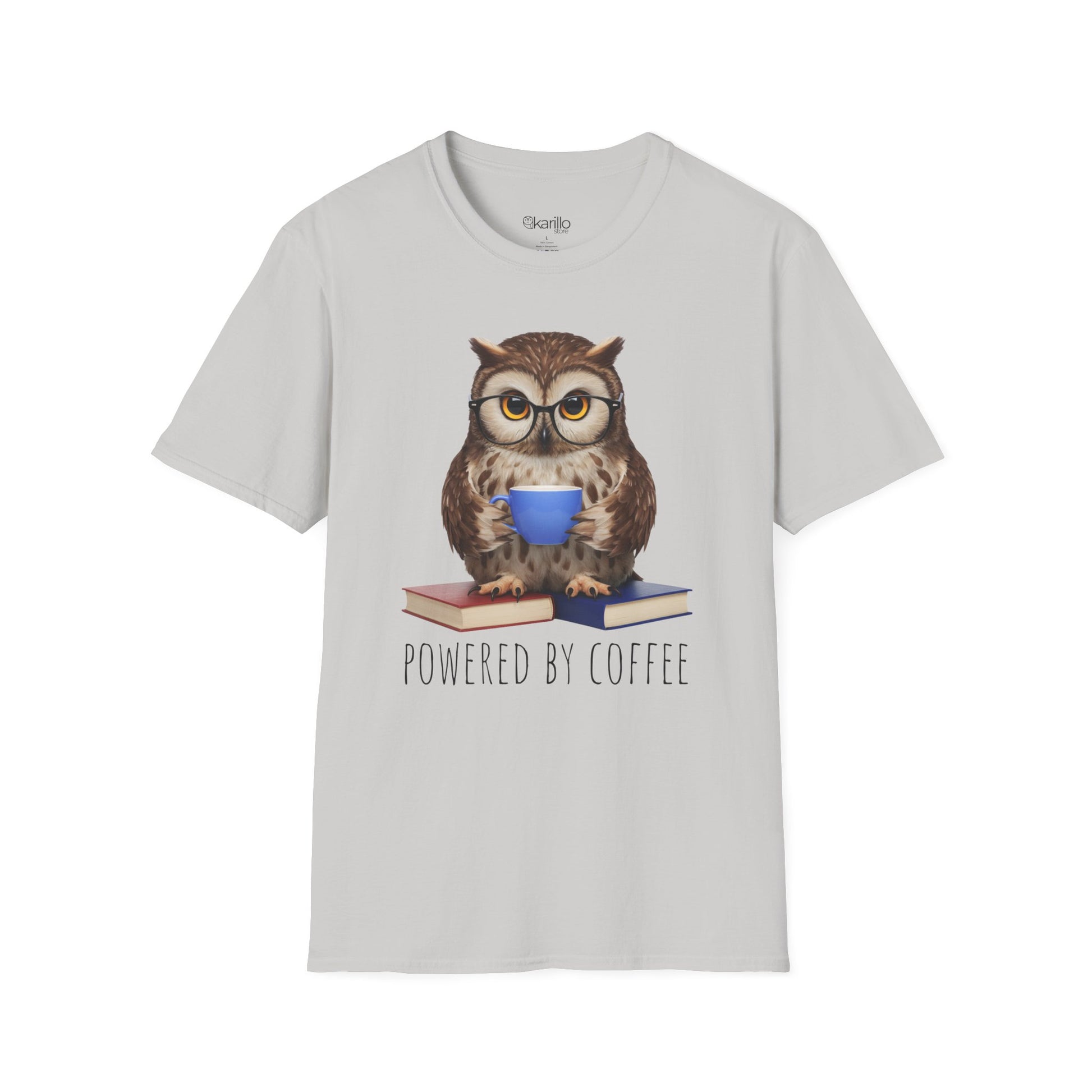 Light gray t-shirt with an owl graphic and 'Powered by Coffee' text on a white background