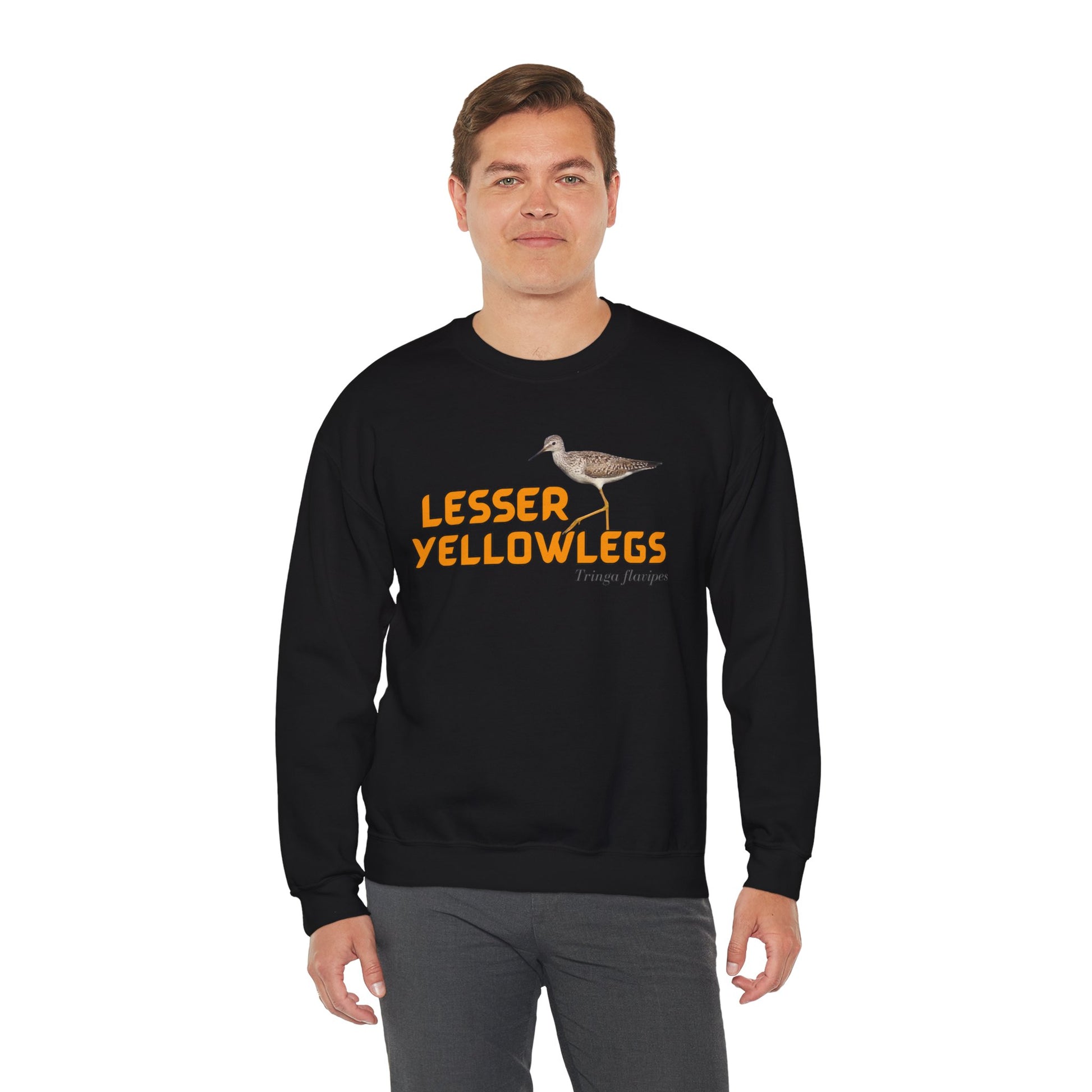 Person wearing a black sweatshirt with 'Lesser Yellowlegs' text and bird illustration on a white background