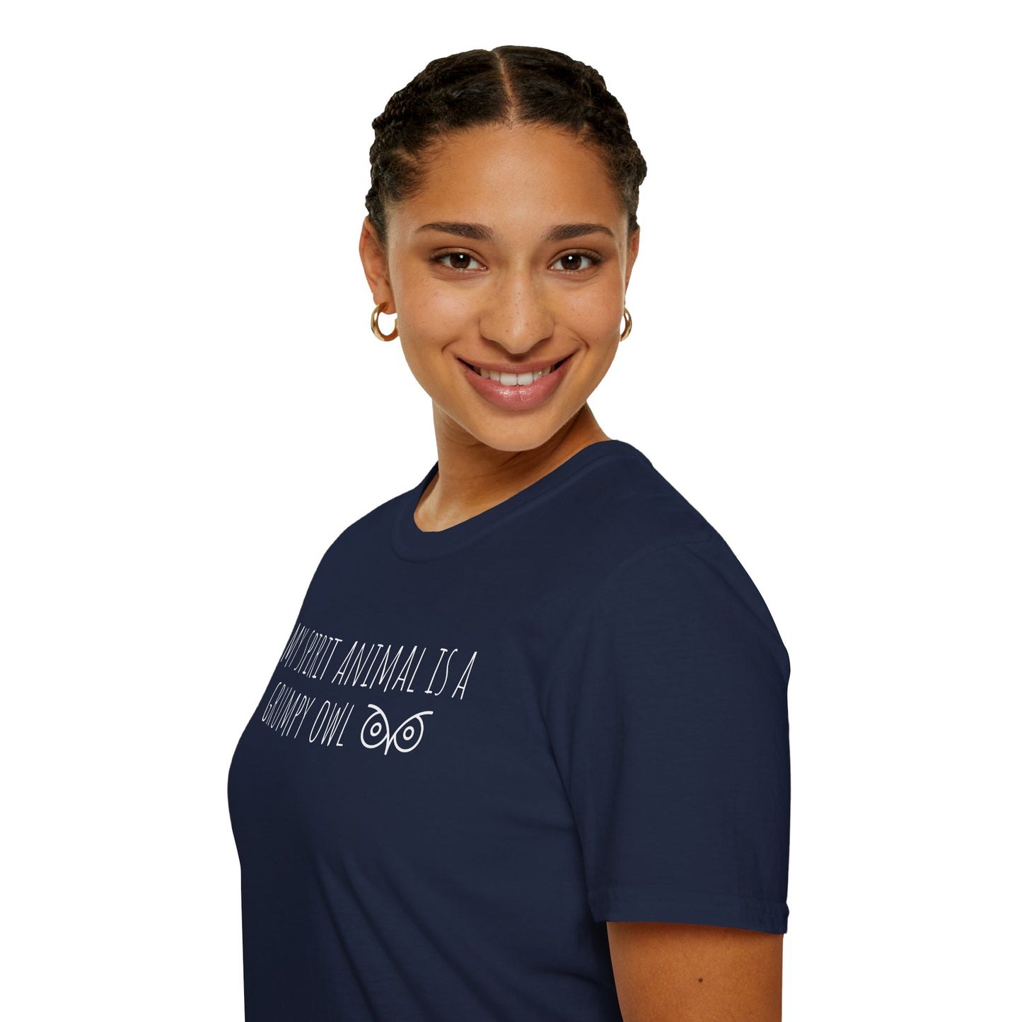 Girl wearing navy bue t-shirt with text 'My spirit animal is a grumpy owl' on a white background