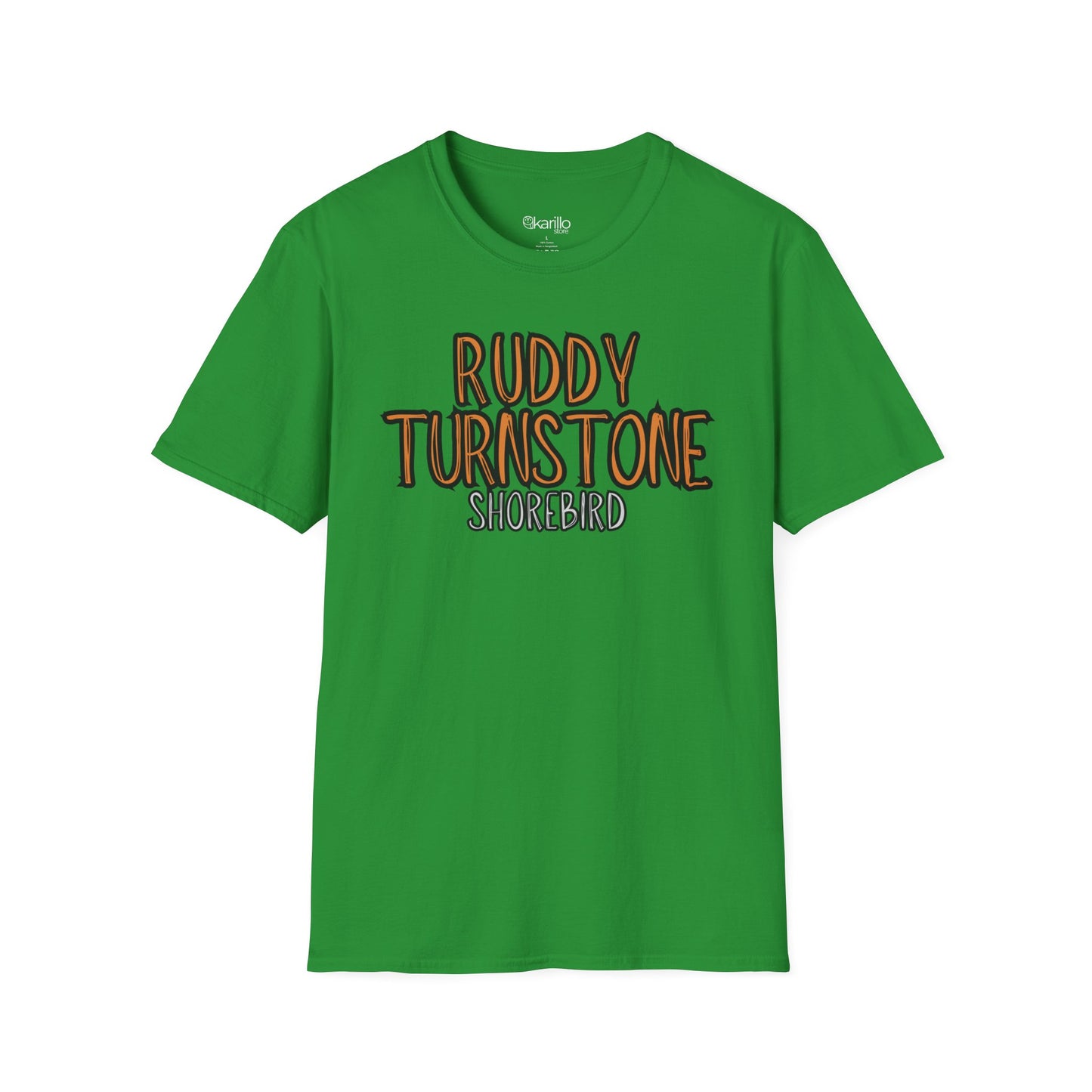 green t-shirt with 'Ruddy Turnstone Shorebird' text on a white background