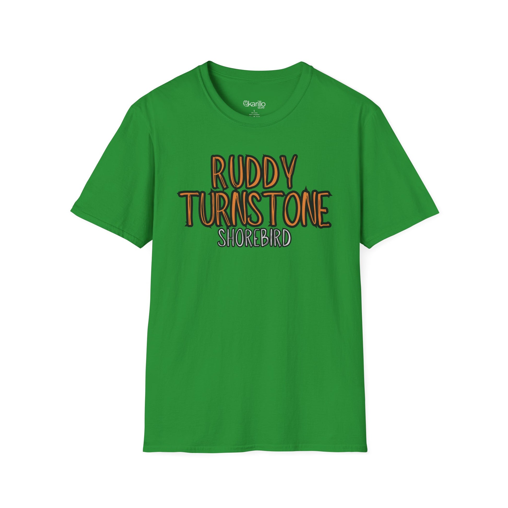 green t-shirt with 'Ruddy Turnstone Shorebird' text on a white background