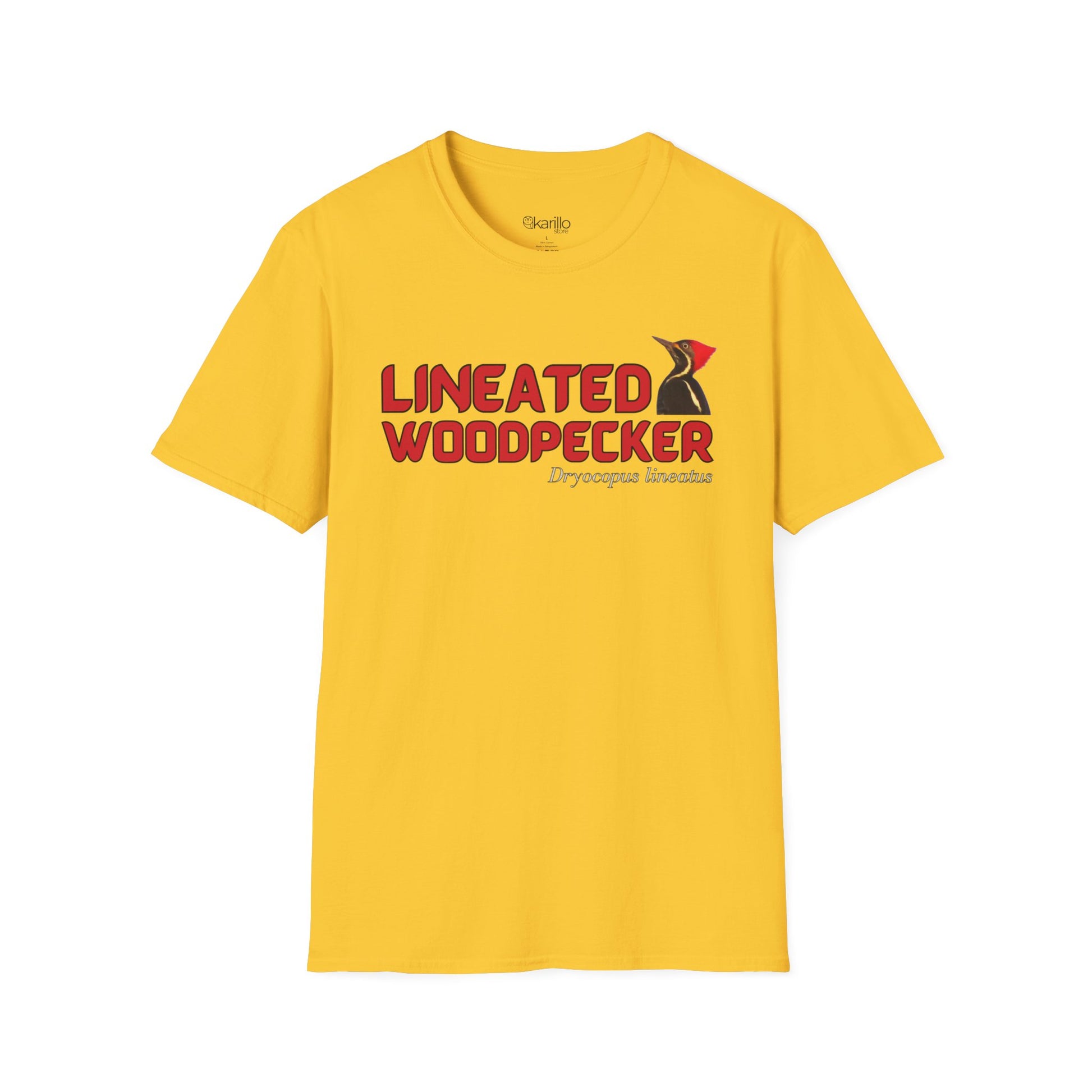 Front view yellow t-shirt with "lineated woodpecker" text on a white background