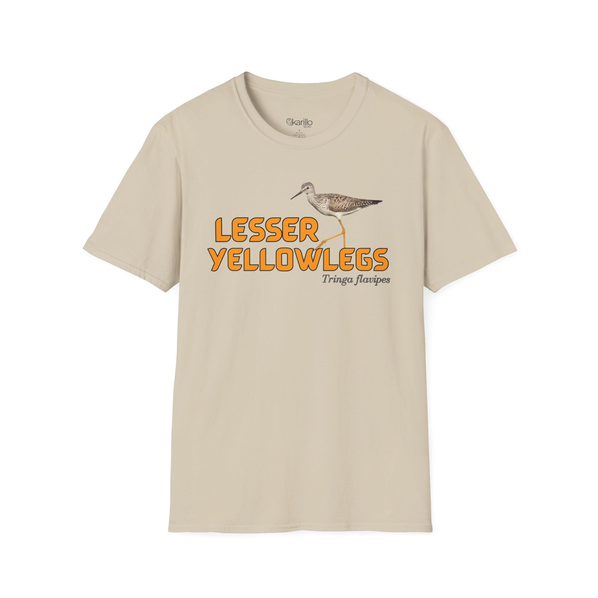 Front view sand color t-shirt with 'lesser yellowlegs' text and bird image on a white background