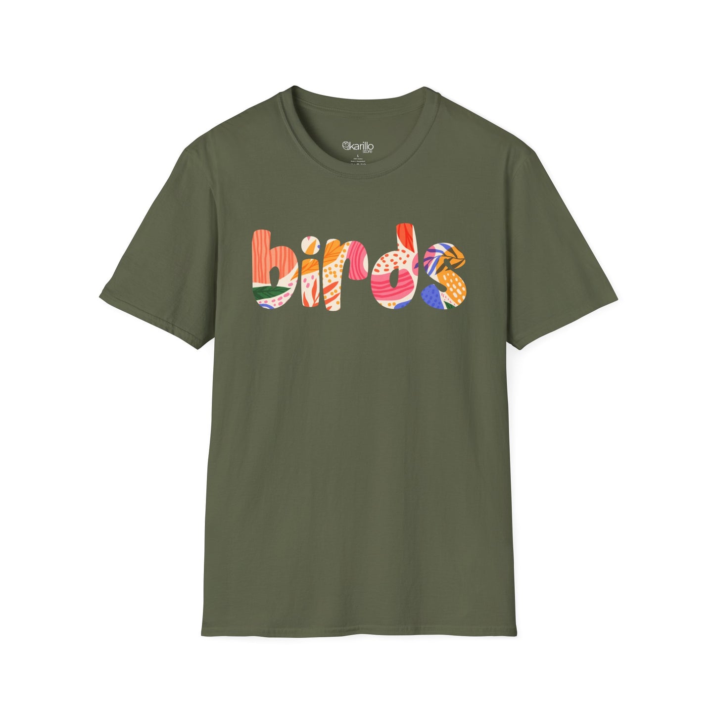 Military green t-shirt with colorful 'birds' text on a white background