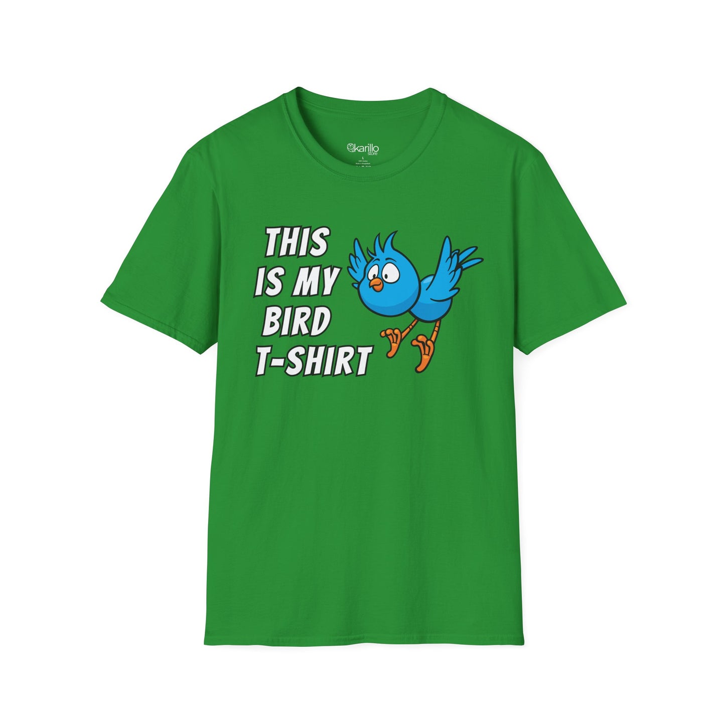Green t-shirt with text "this is my bird t-shirt" with blue graphic bird on whithe background.