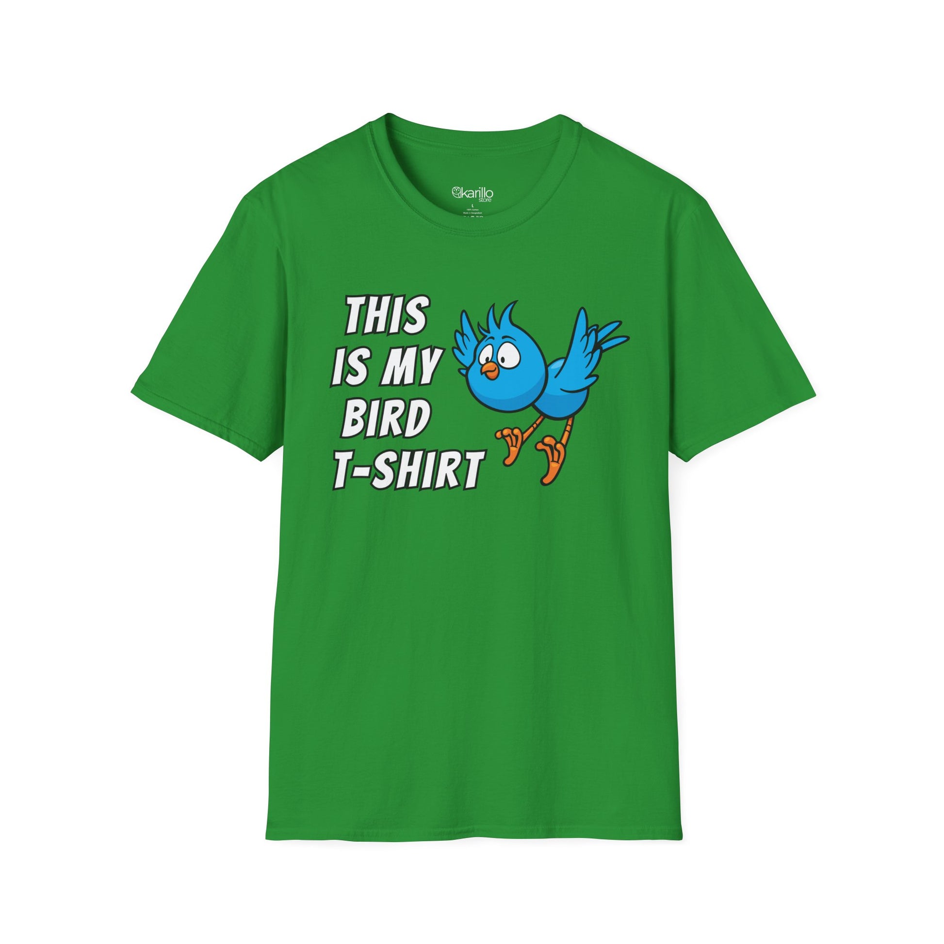 Green t-shirt with text "this is my bird t-shirt" with blue graphic bird on whithe background.