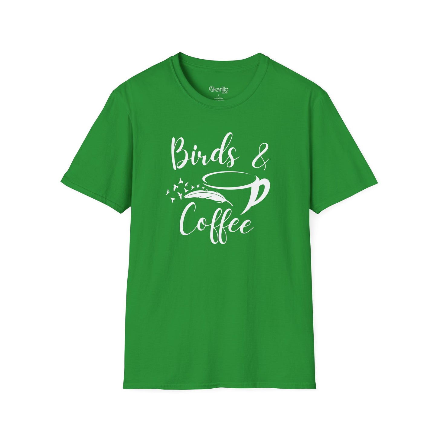 Green t-shirt with 'Birds & Coffee' text on a white background