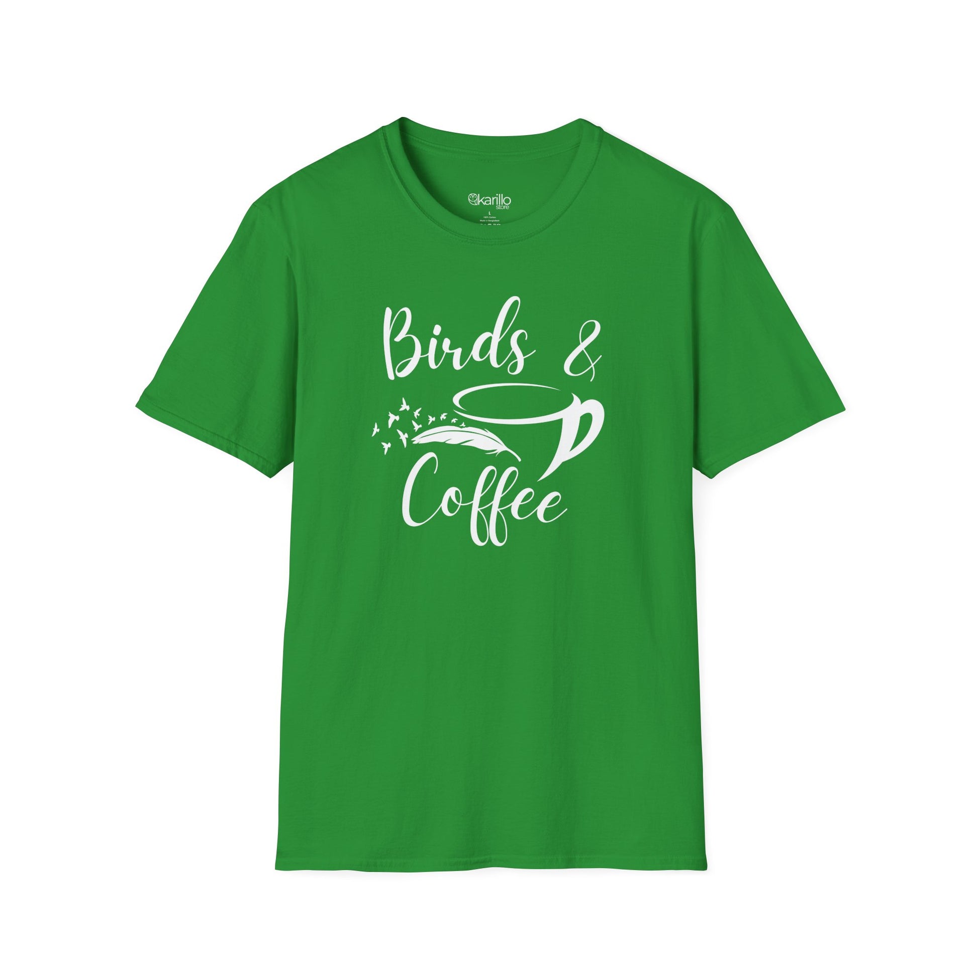 Green t-shirt with 'Birds & Coffee' text on a white background