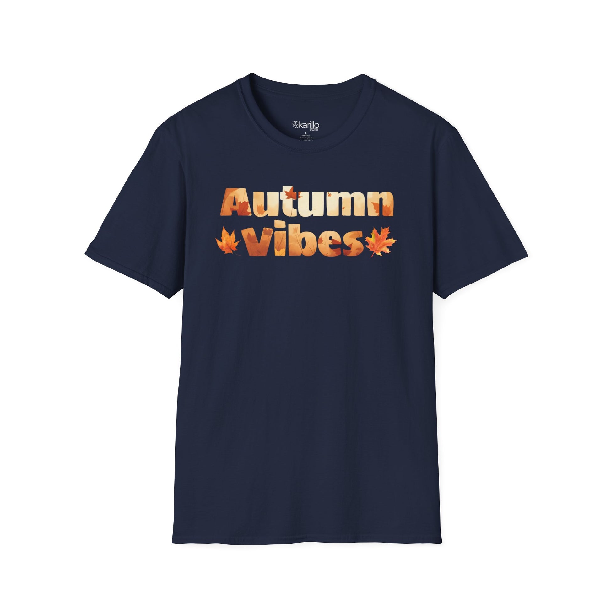 Navy blue t-shirt with 'Autumn Vibes' text and leaf graphics on a white background