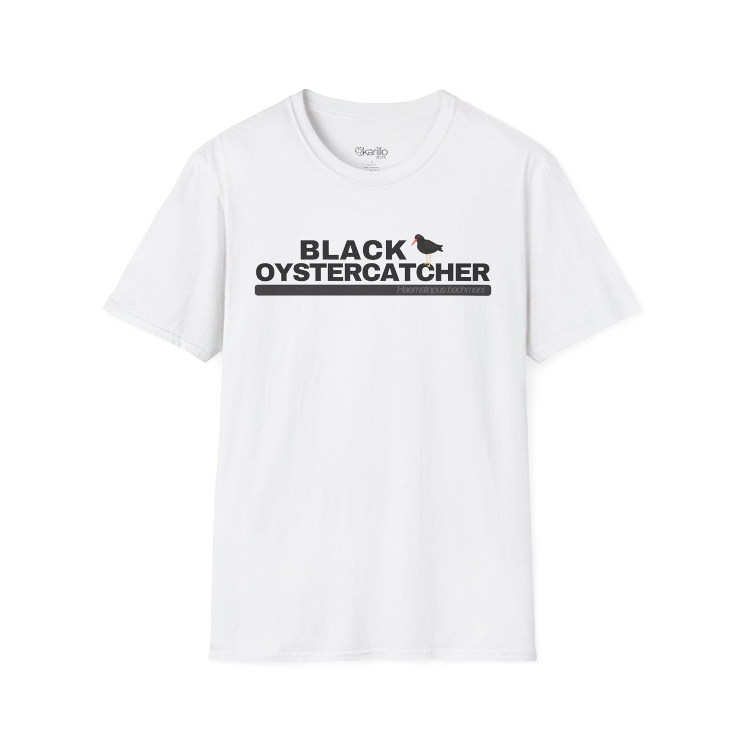 White t-shirt with 'Black Oystercatcher' text on a white background