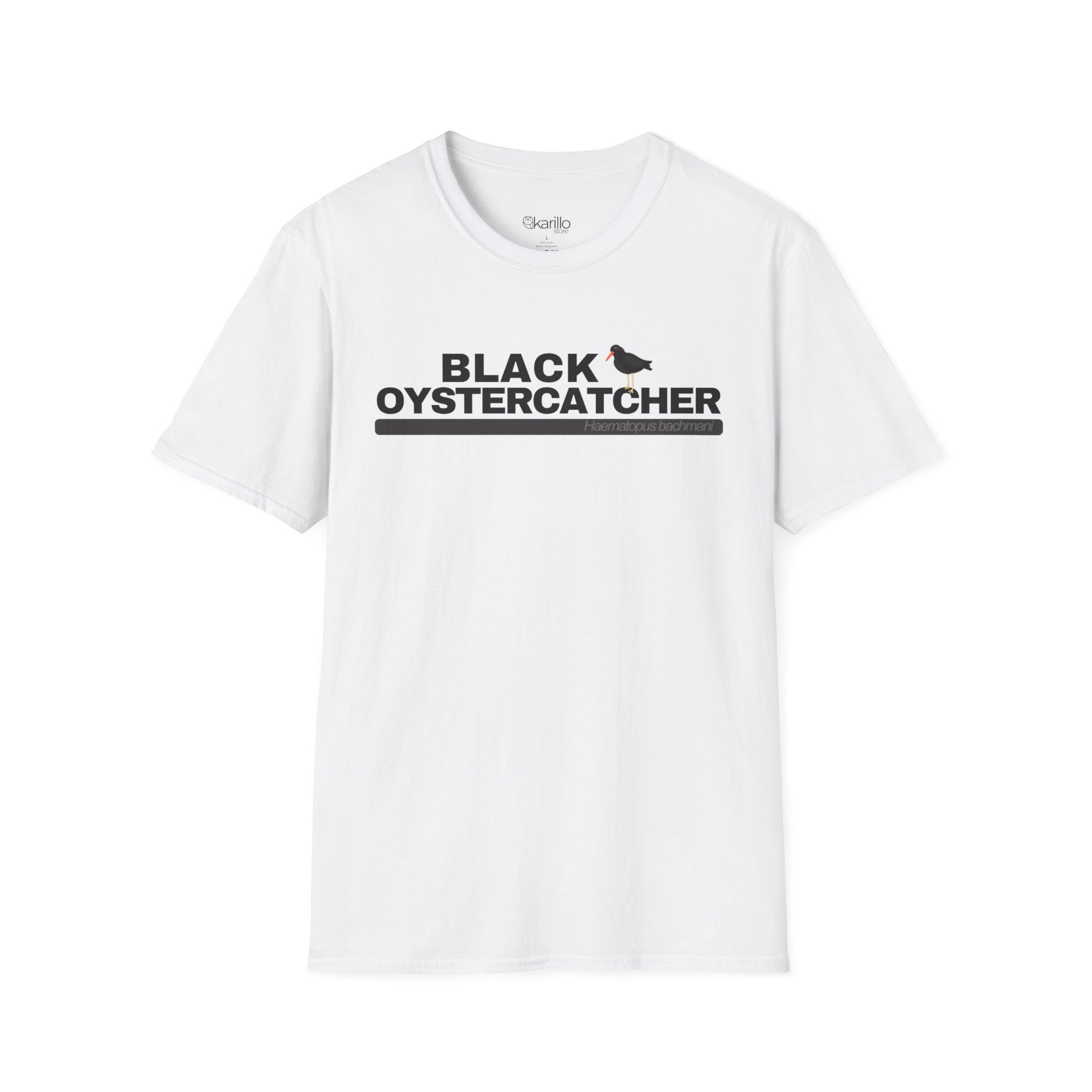 White t-shirt with 'Black Oystercatcher' text on a white background
