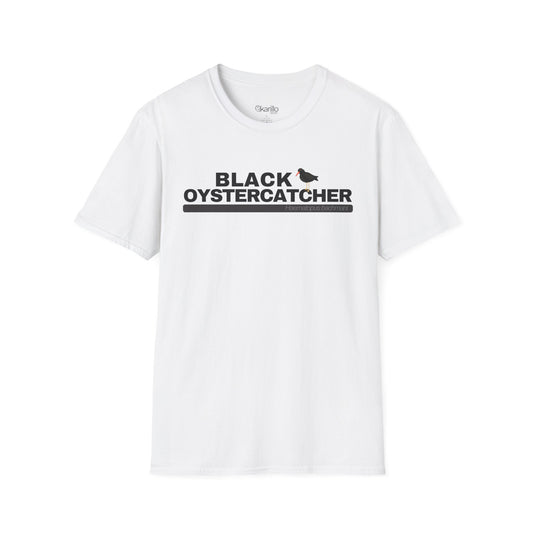White t-shirt with 'Black Oystercatcher' text on a white background