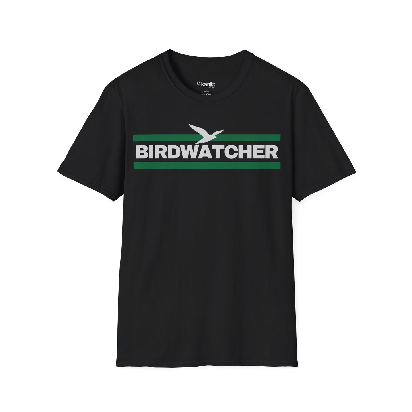 Front view Black t-shirt with 'BIRDWATCHER' text and green stripe on a white background