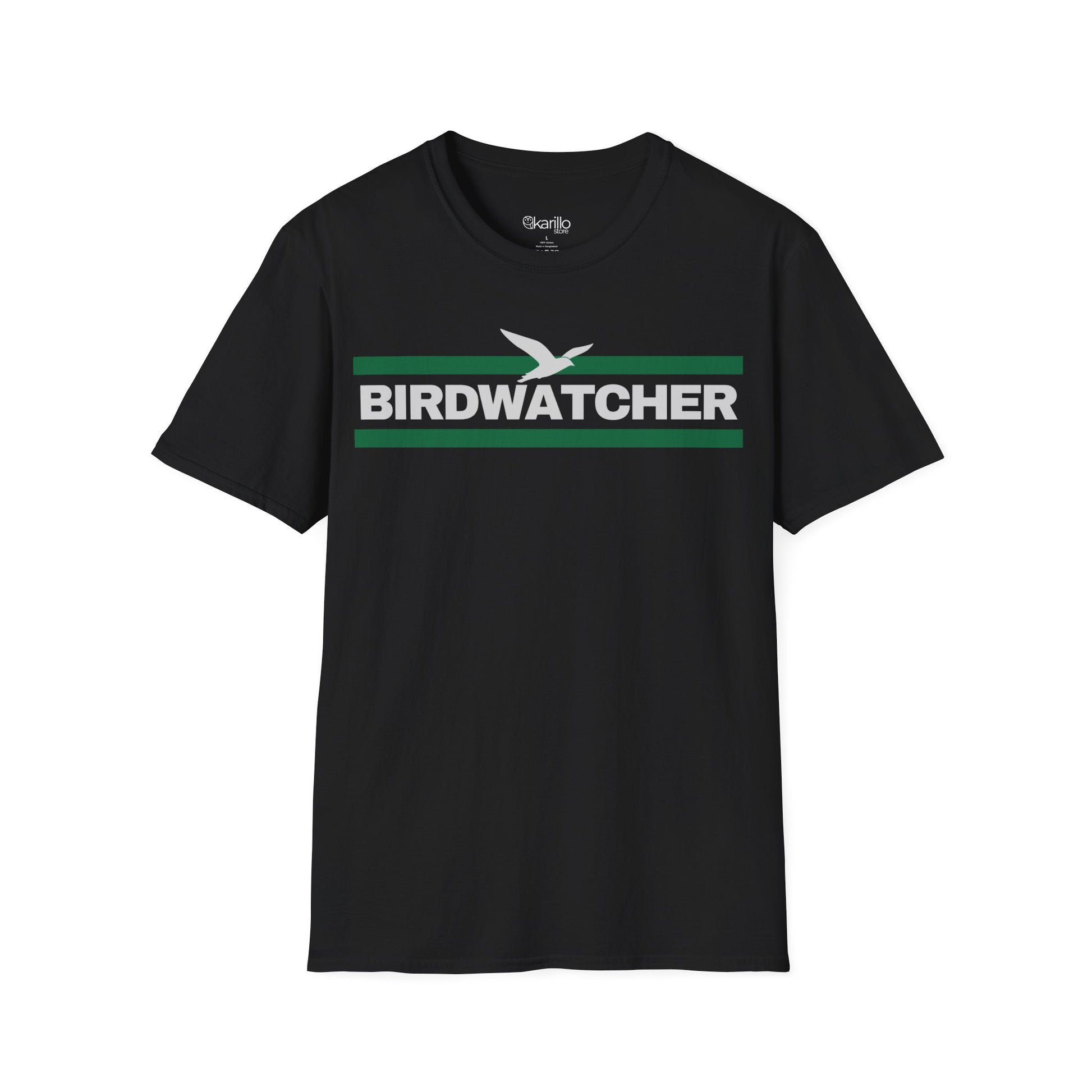 Front view Black t-shirt with 'BIRDWATCHER' text and green stripe on a white background