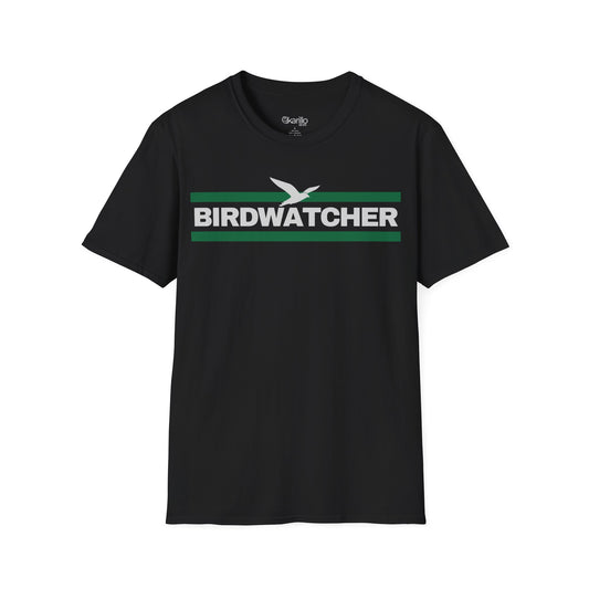 Front view Black t-shirt with 'BIRDWATCHER' text and green stripe on a white background