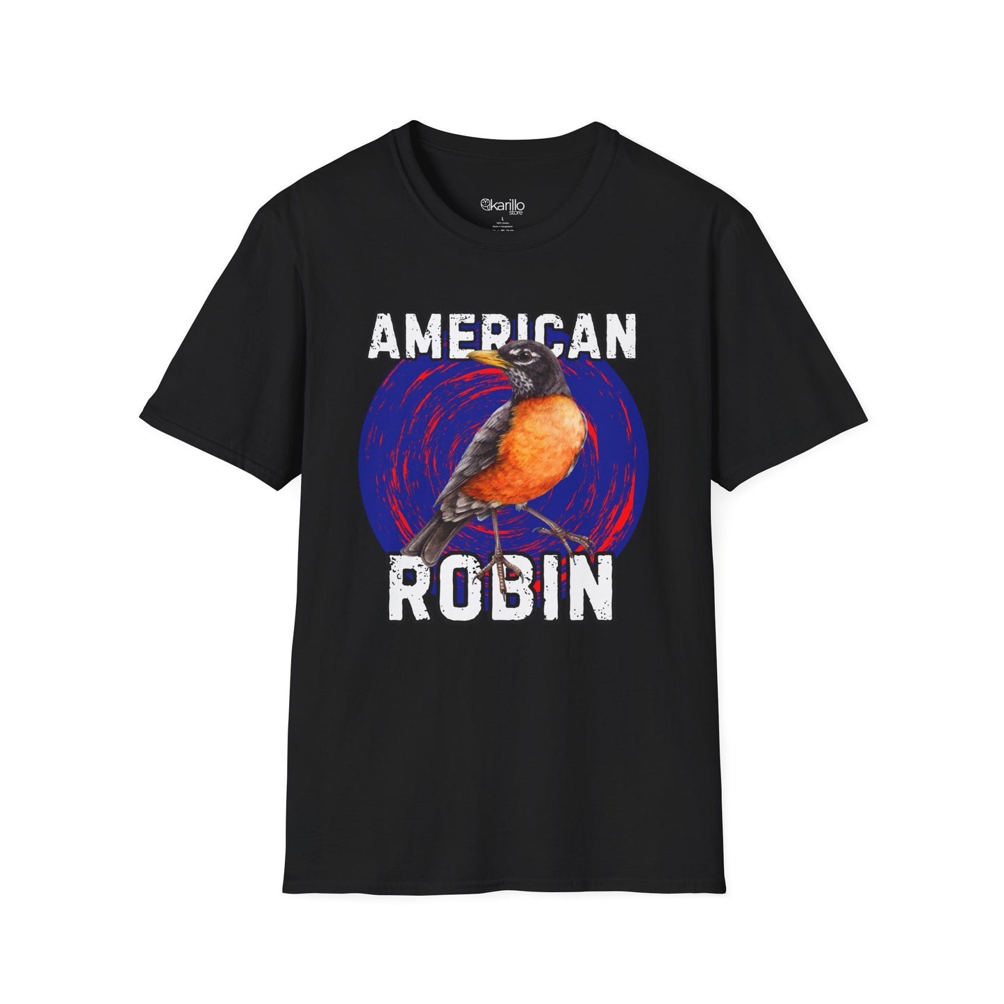 Black t-shirt with an American Robin graphic on a white background