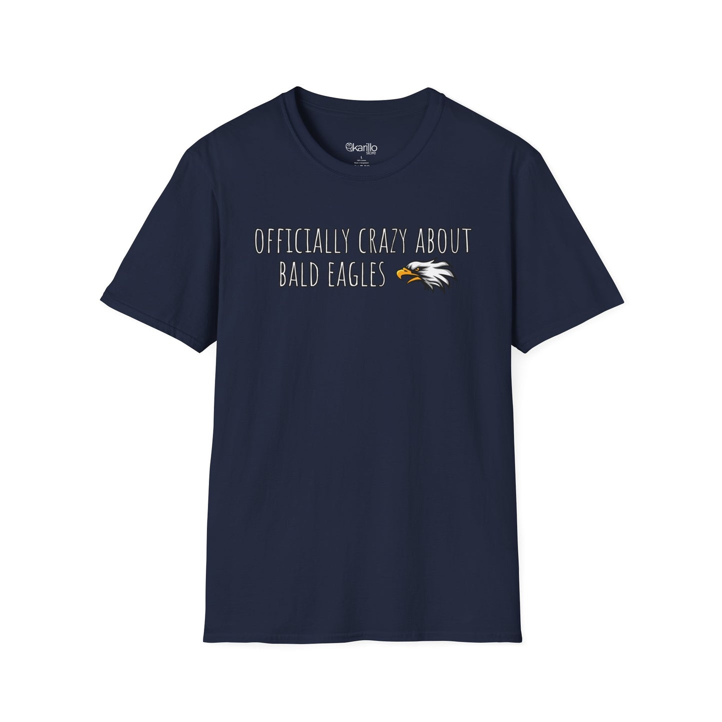 Front view navy blue t-shirt with text 'Officially crazy about bald eagles' on a white background