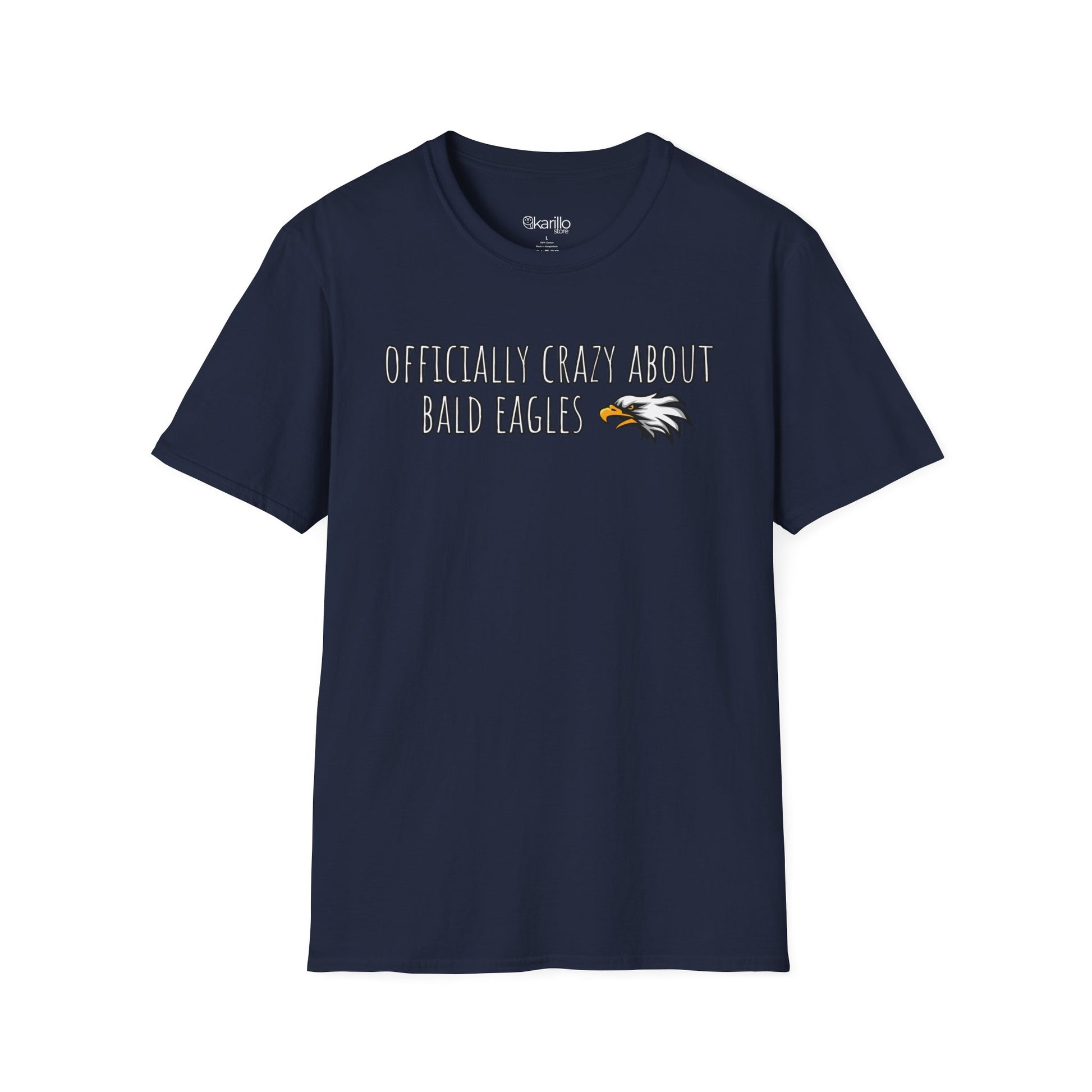 Front view navy blue t-shirt with text 'Officially crazy about bald eagles' on a white background