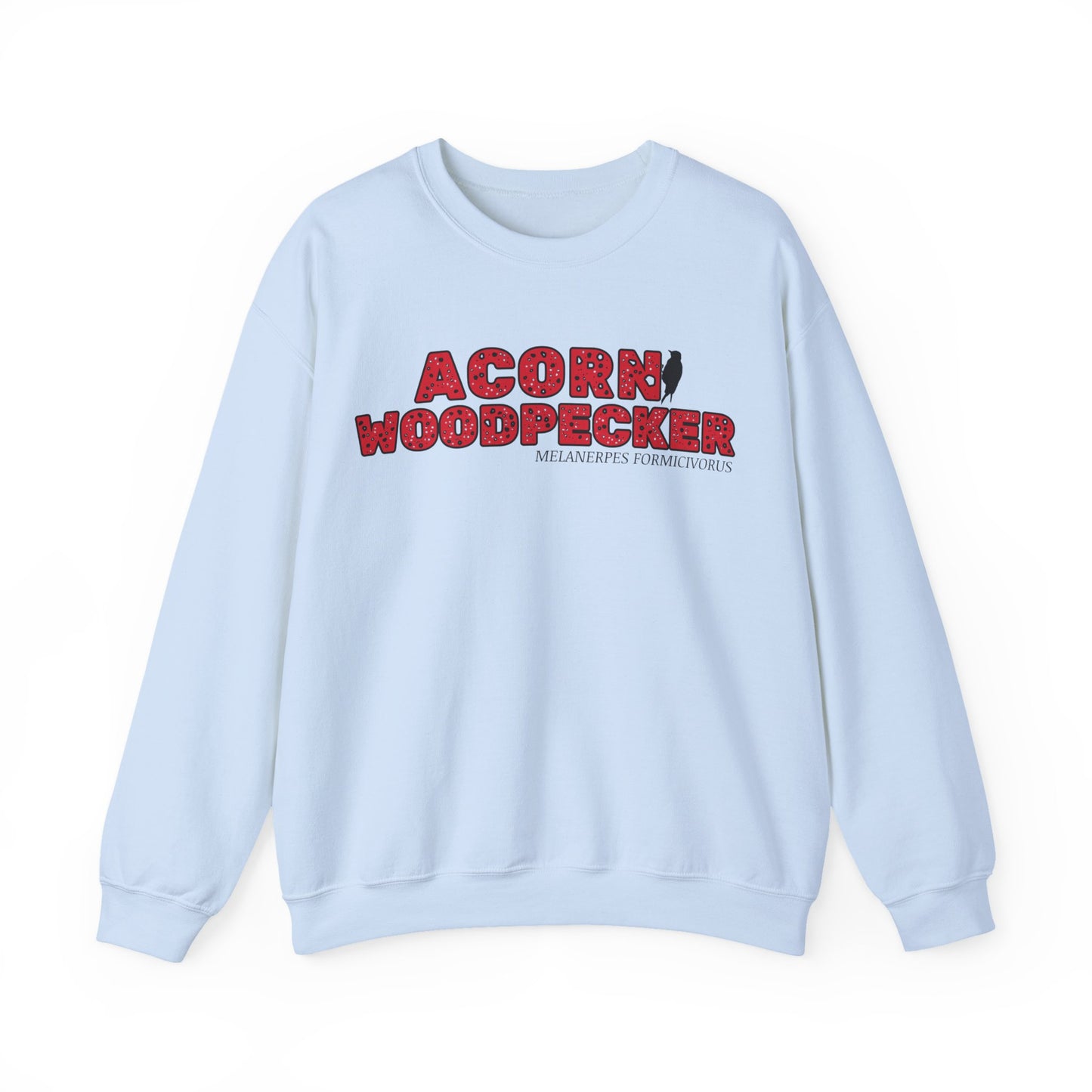 Light blue sweatshirt with 'Acorn Woodpecker' text and logo on a white background