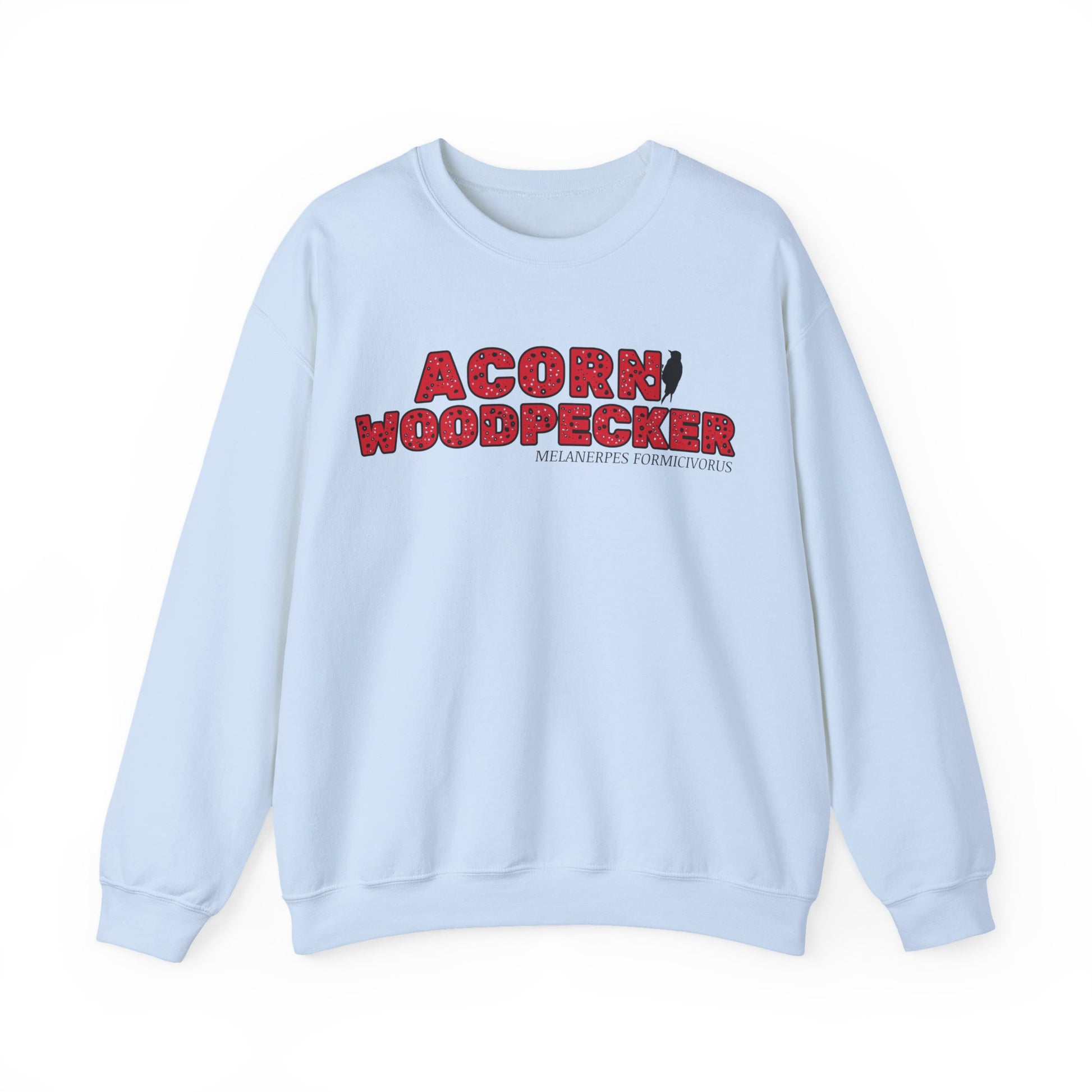 Light blue sweatshirt with 'Acorn Woodpecker' text and logo on a white background