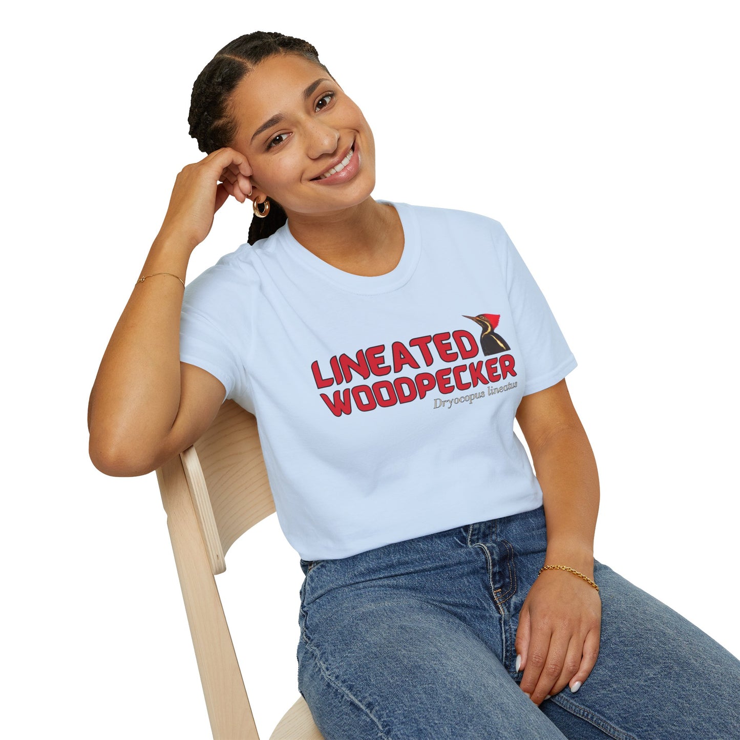 girl wearing light blue t-shirt with "lineated woodpecker" text on a white background