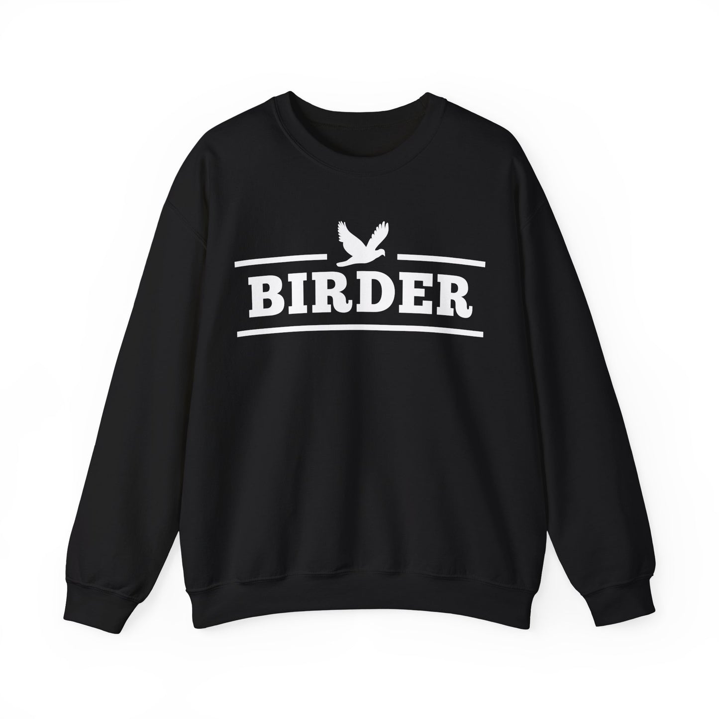 Black sweatshirt with 'BIRDER' text and bird graphic on a white background