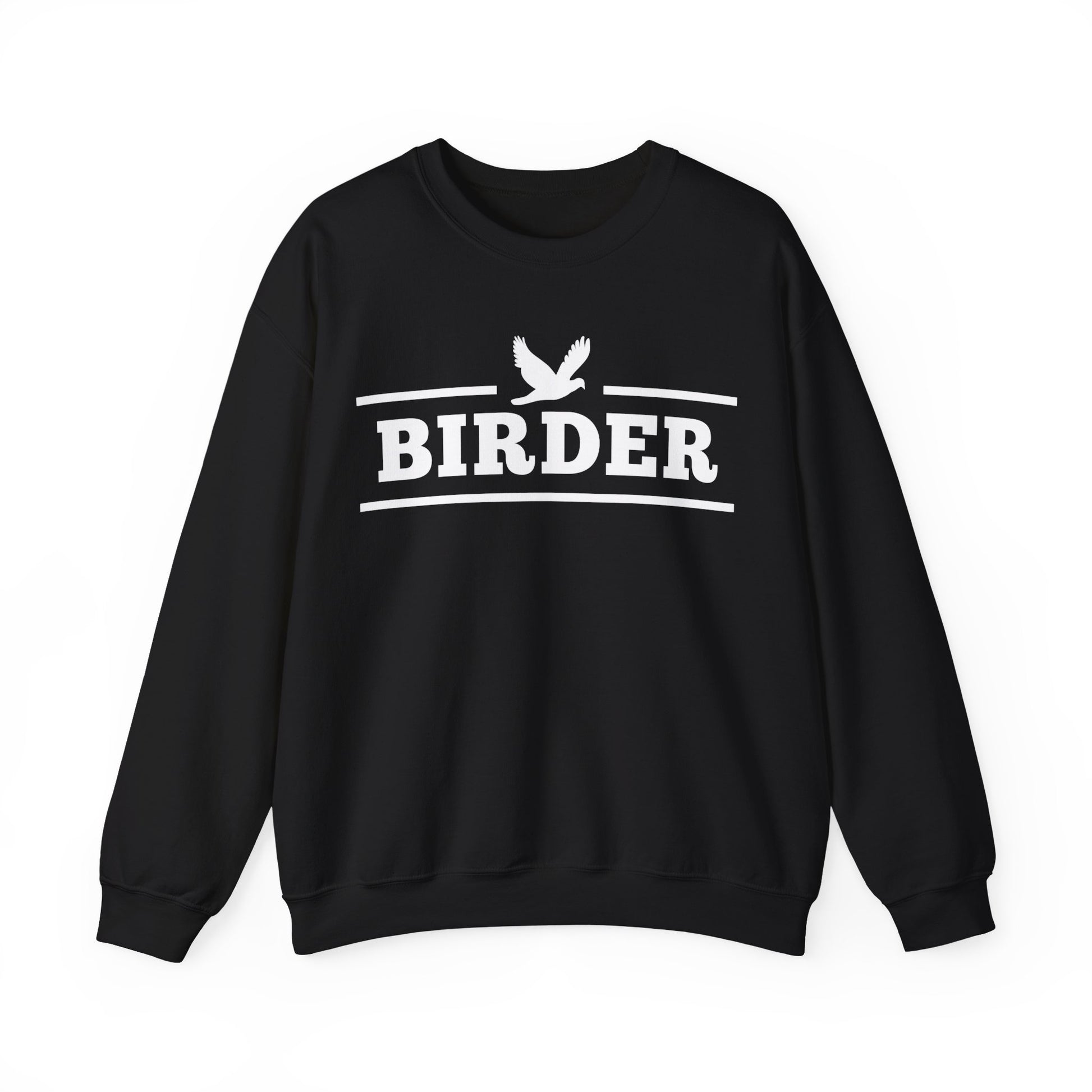 Black sweatshirt with 'BIRDER' text and bird graphic on a white background