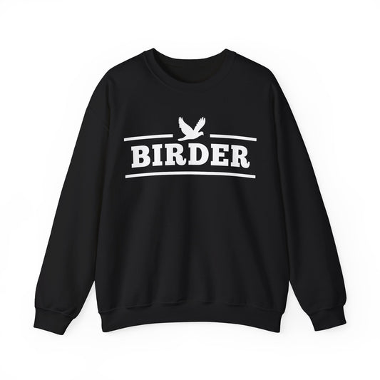 Black sweatshirt with 'BIRDER' text and bird graphic on a white background