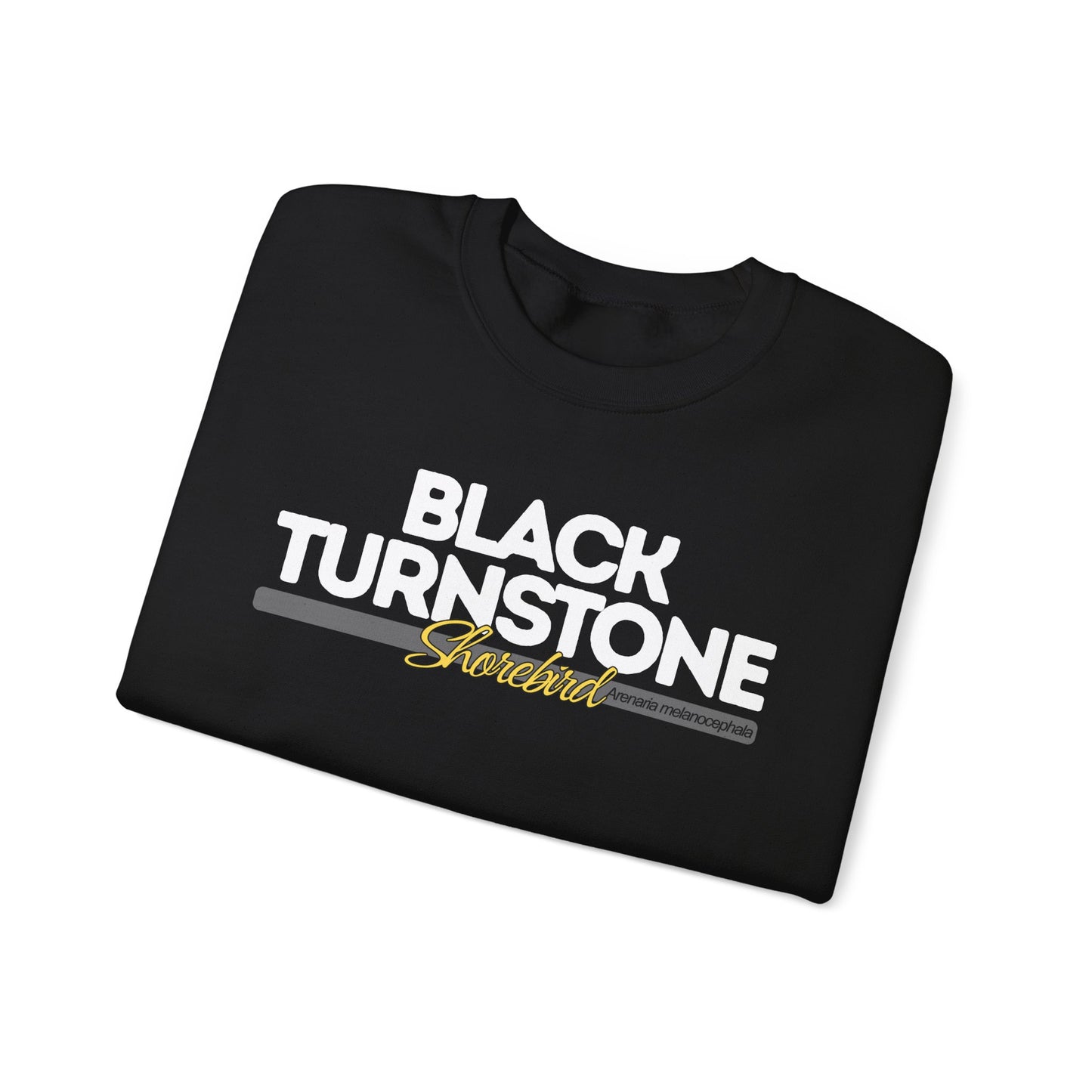 Folded black t-shirt with 'Black Turnstone Shorebird' text on a white background
