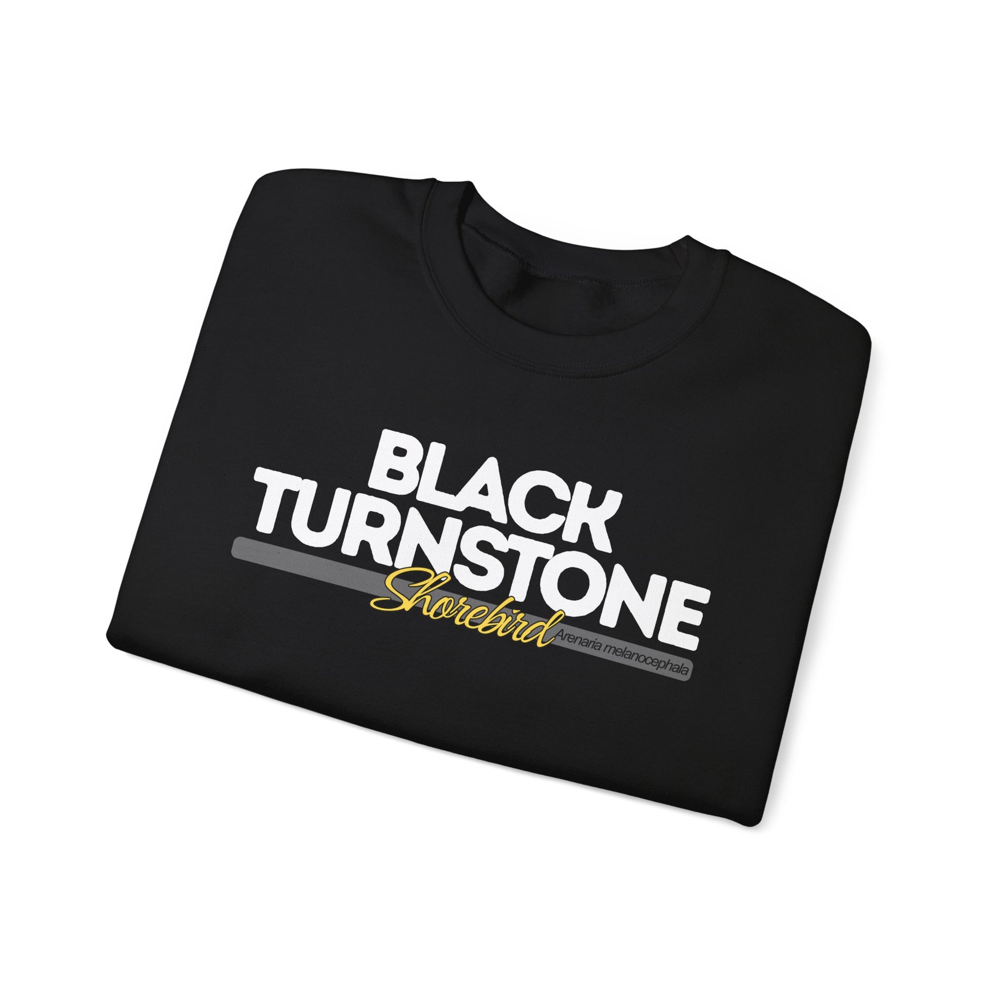 Folded black t-shirt with 'Black Turnstone Shorebird' text on a white background