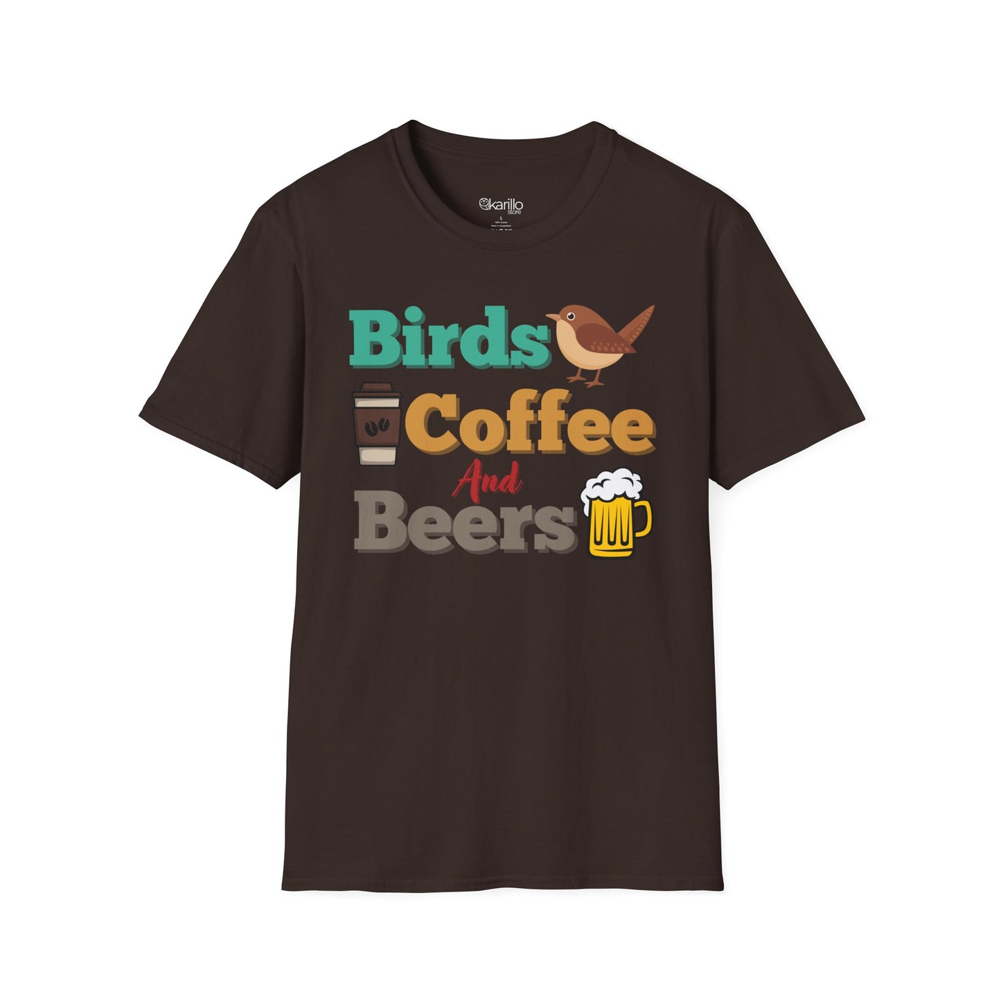 Front view of Birds Coffee and Beers Unisex T-Shirt brown color Graphic Tee for Birdwatchers