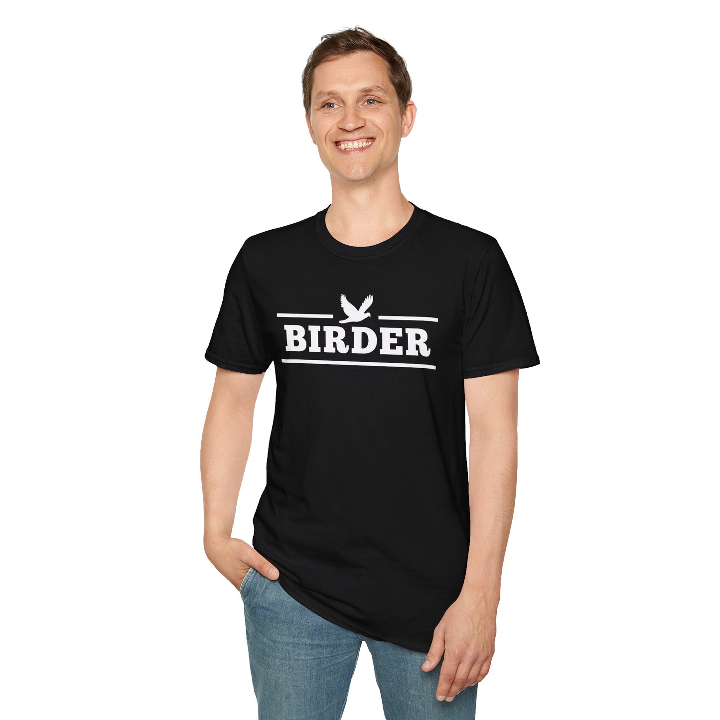 Male model smiling has his hand in pocket wearing Green Birder T-shirt with white birdwatching graphic, retro collegiate style birding apparel for men and women.