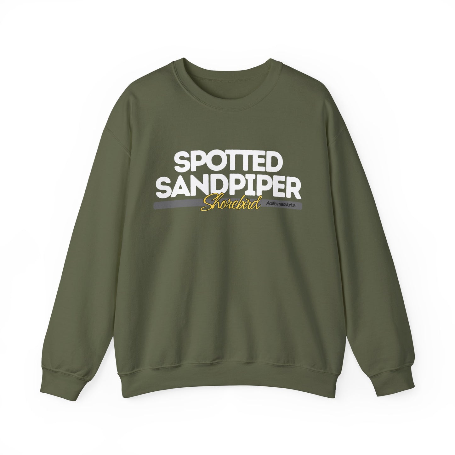 Military Green sweatshirt with 'Spotted Sandpiper' text on a white background