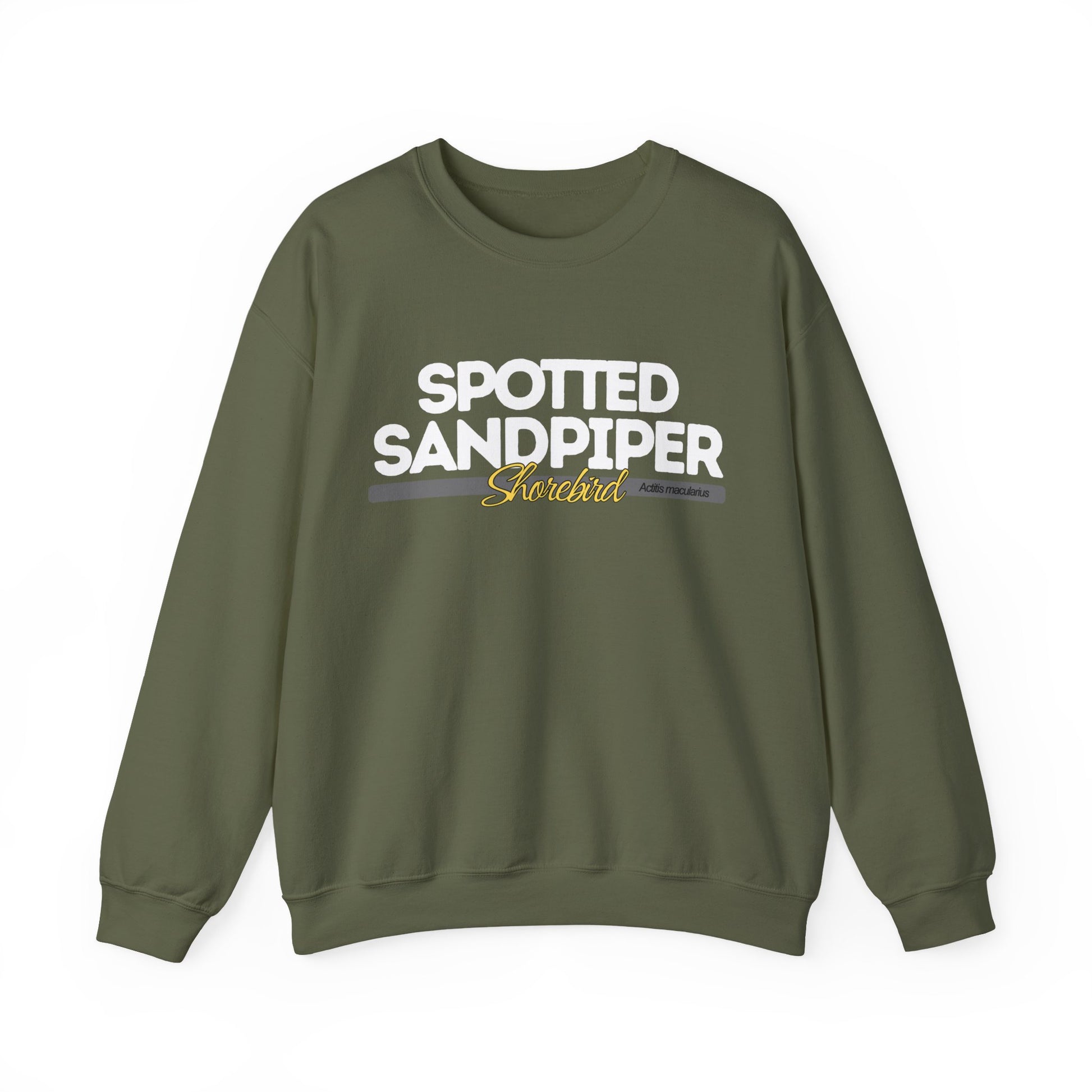Military Green sweatshirt with 'Spotted Sandpiper' text on a white background