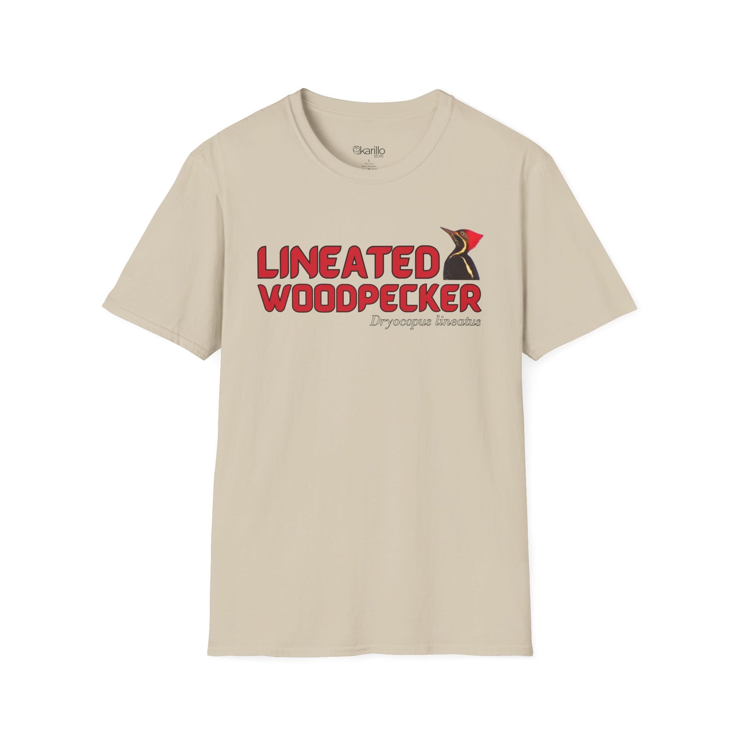Front view sand color t-shirt with "lineated woodpecker" text on a white background