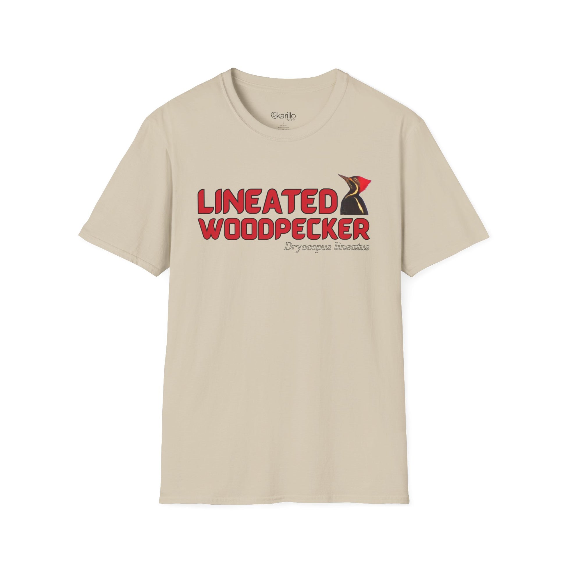 Front view sand color t-shirt with "lineated woodpecker" text on a white background