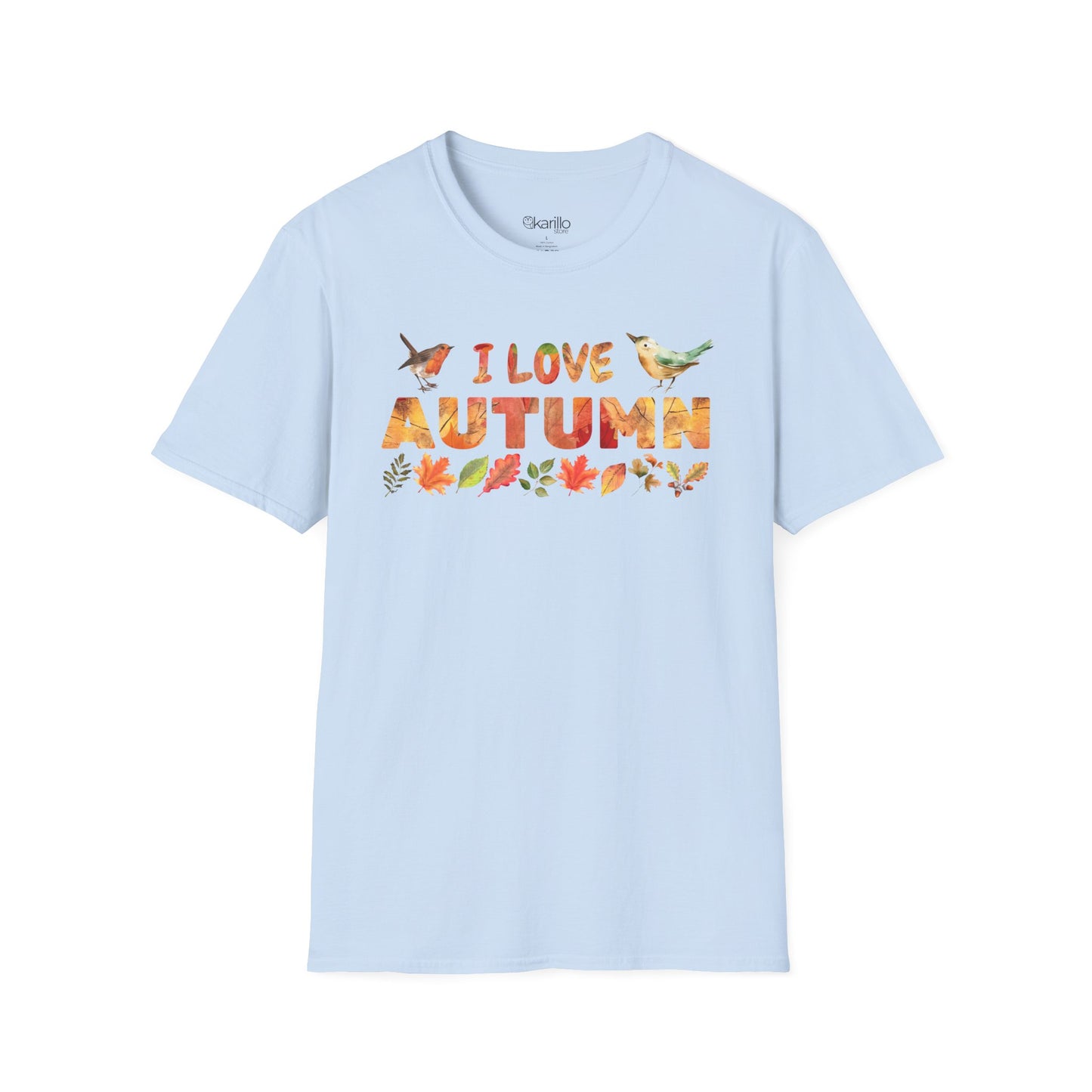 Light blue t-shirt with 'I love autumn' text and fall-themed graphics on a white background