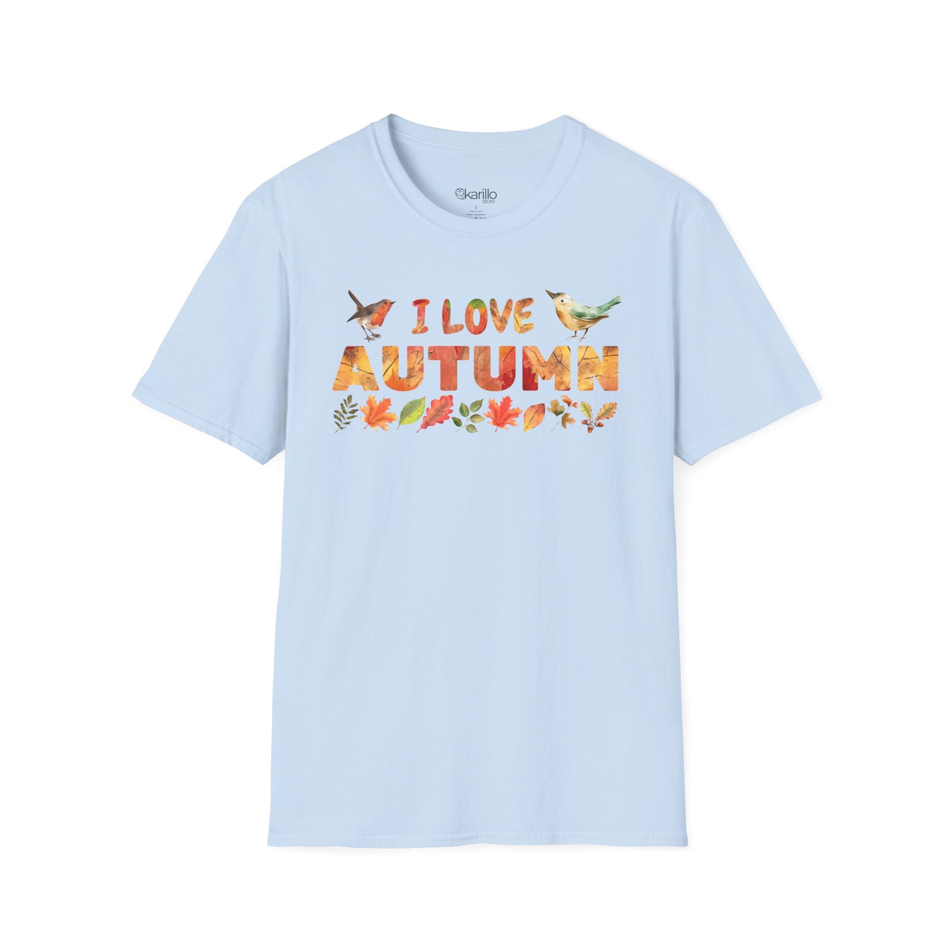 Light blue t-shirt with 'I love autumn' text and fall-themed graphics on a white background
