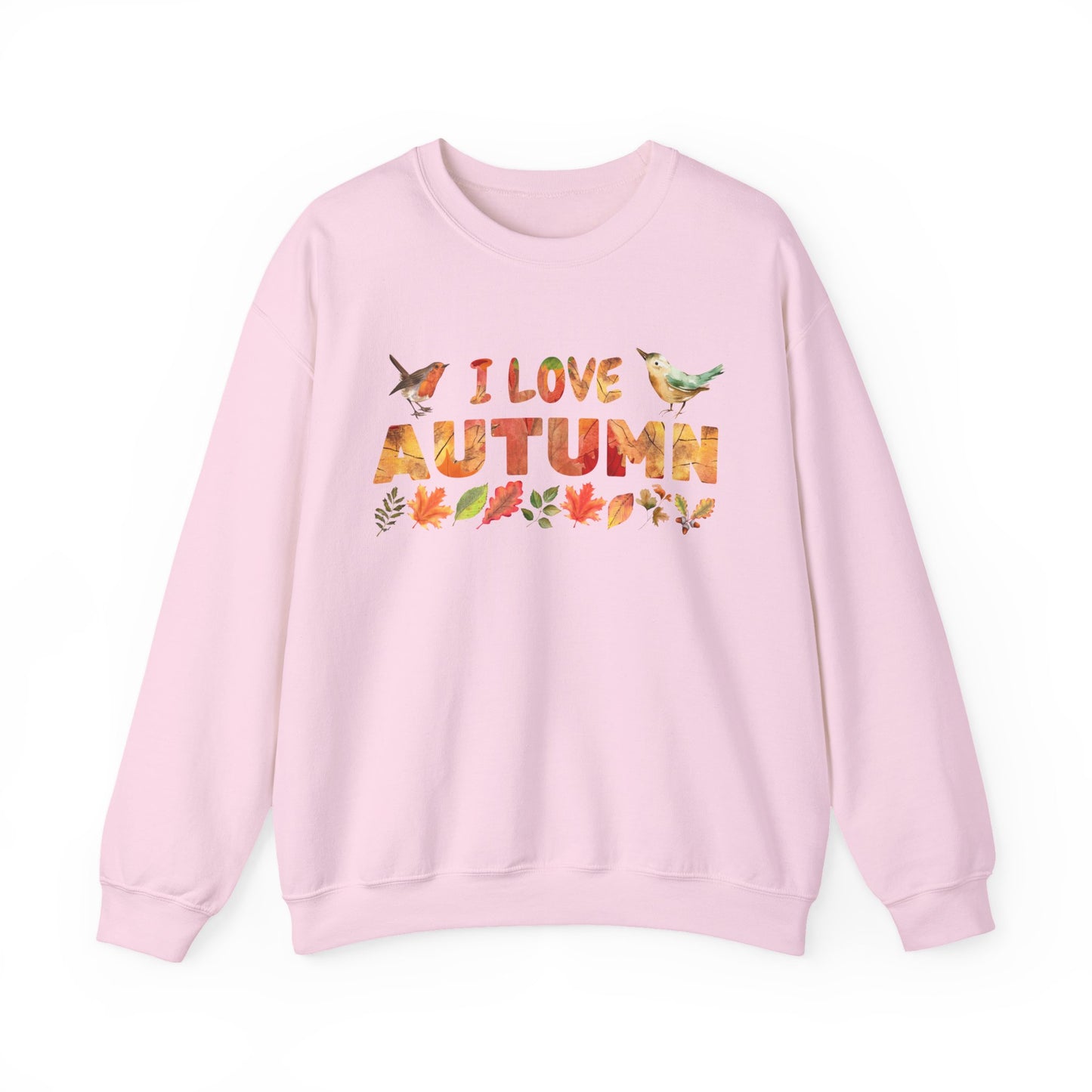 Pink sweatshirt with 'I Love Autumn' text and leaf design on a white background